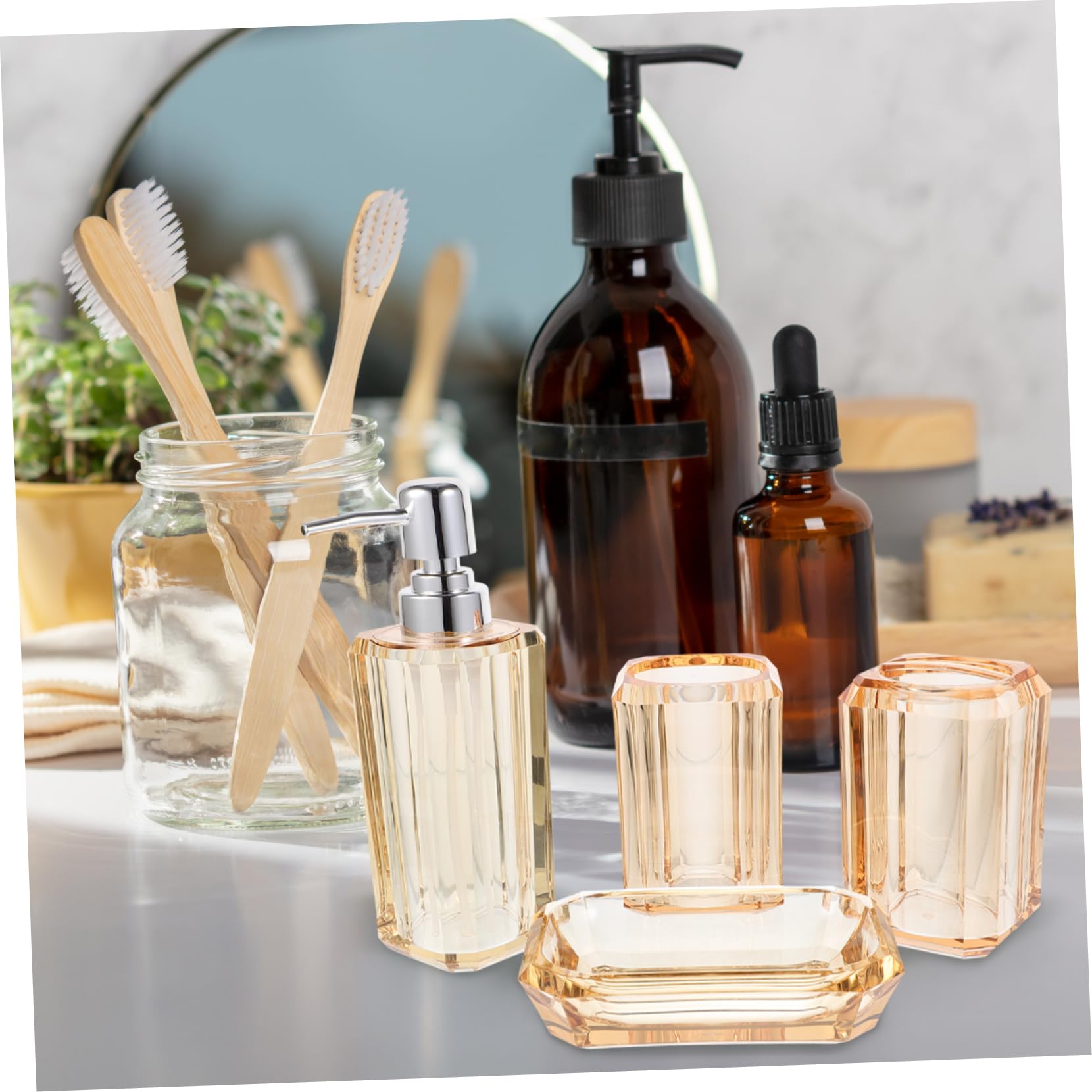 Mipcase Accessori per Bagno Portaspazzolino in Materiale Sicuro Dispenser di Sapone Bicchiere per Spazzolino Portasapone Design Elegante Superficie Liscia Duraturo e Affidabile