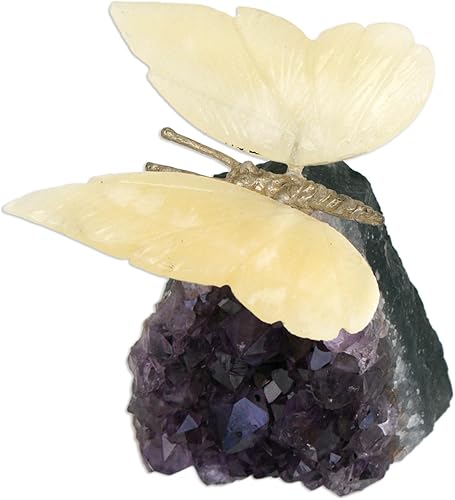 Miniatura 2 de NOVICA Escultura artesanal de piedras preciosas hechas a mano con mariposas en miel, calcita, amatista, morado, amarillo, latón, Brasil, NAT Geo