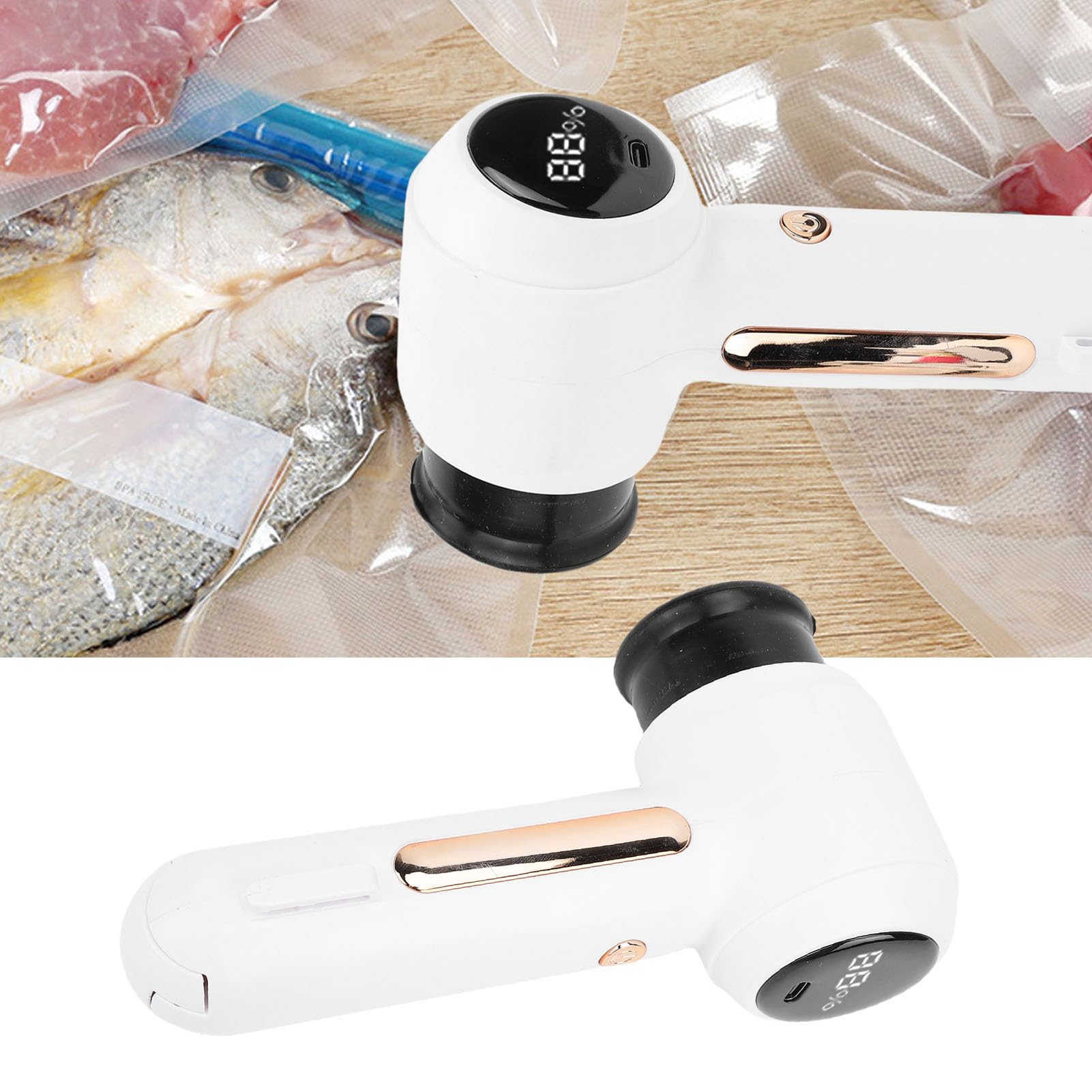 Sellador Al Vacío Compacto Alimentos, Máquina Selladora Al Vacío Mano con 10 Bolsas Vacío Reutilizables 10 Tapas Tarro Mason Sellador Alimentos Portátil para Almacenamiento (WHITE)