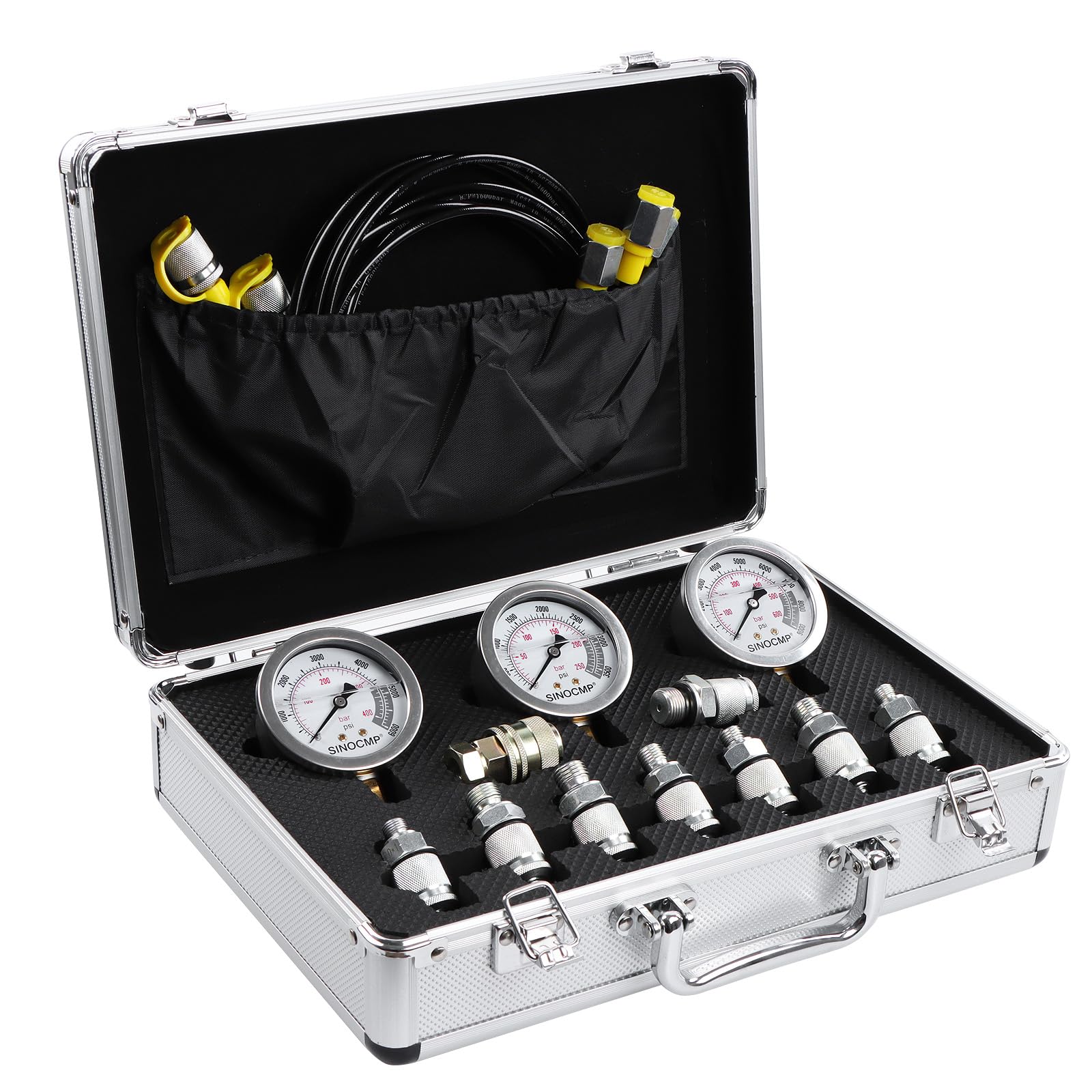 Kit de prueba de medidores de presión hidráulicos 4000/6000/10000PSI, 9 acoplamientos, 3 mangueras de prueba de 59 pulgadas, 1 caja de aluminio para maquinaria de construcción de excavadoras