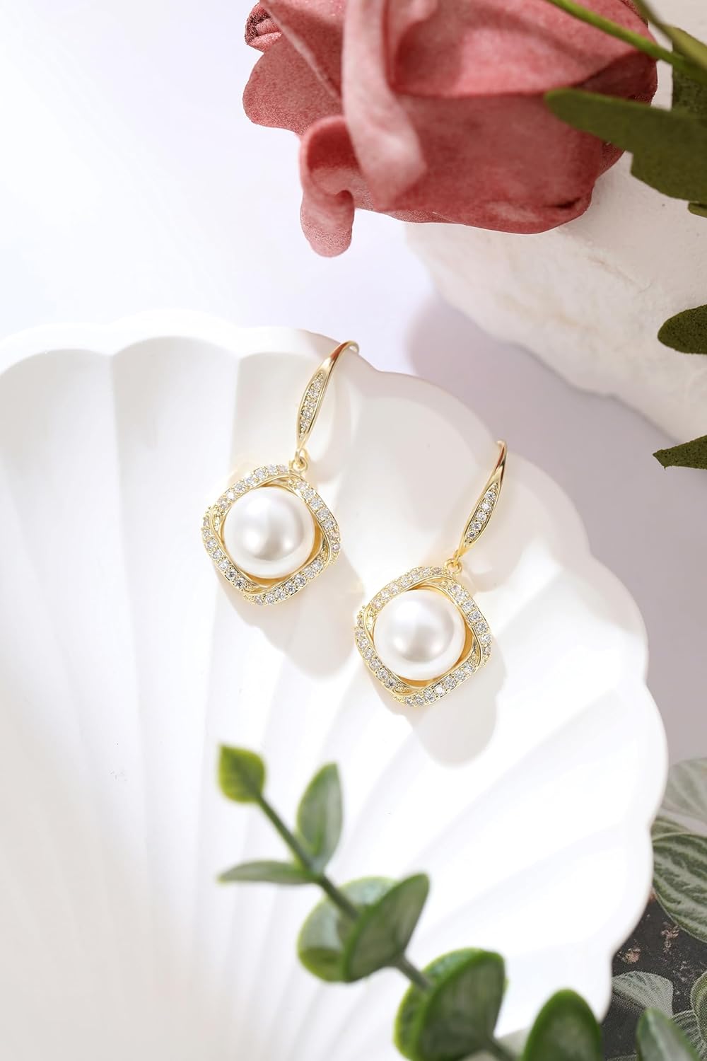 14k Gold Plated Pearl Rhinestone Dangle Earrings for Women Jewelry - Image 4