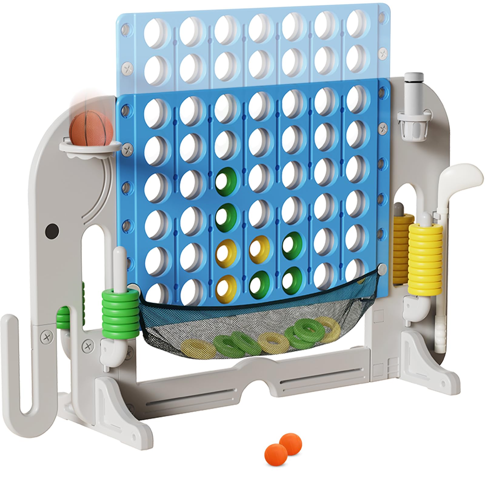 Giant 4 in a Row Connect Game, Adjustable Height (2.6FT-4.3FT) Jumbo 4-to-Score Yard Game Set with Basketball, Golf & Ring Toss, Elephant Design