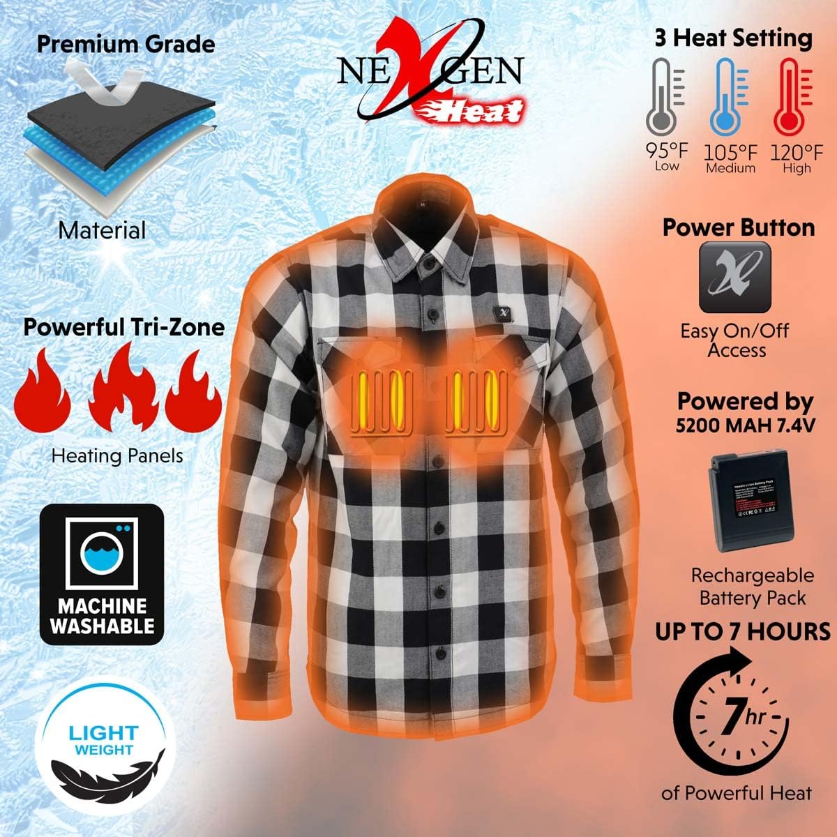 Nexgen Heat Men's NXM1601SET Riffraff Black/Grey/White Heated Flannel Sleeve Shirt Outdoor Activities