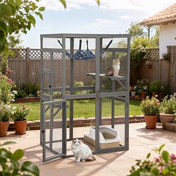 COZIWOW Upgraded Catio Outdoor Cat Enclosure Window Access, Wooden Cat House Shelter, Kitty Cage with Platforms & Hammock Patio Indoor Gray
