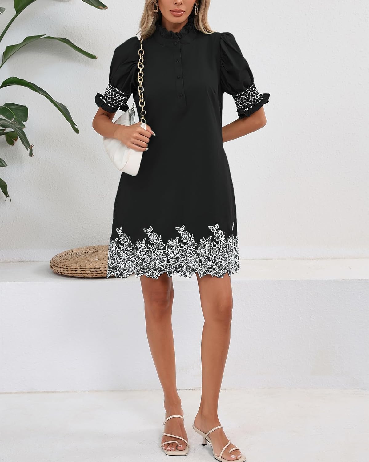 Women's Summer Embroidered Mini Dress Short Puff Sleeve Ruffle Collar Button Front Shift Dress - Image 2