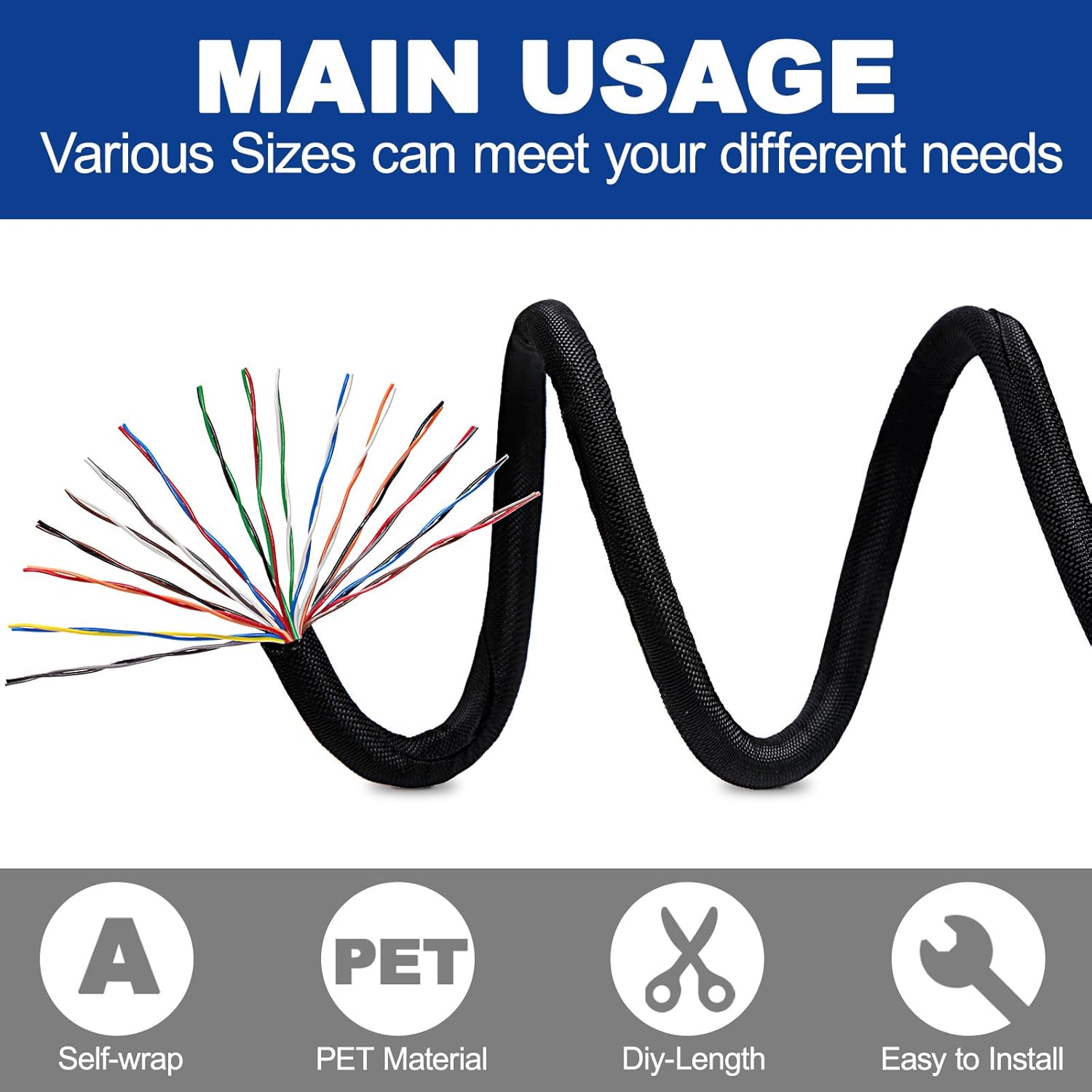 Split-Sleeve Wire Loom for High-Temperature Automotive Harness and Home Cable Management, 25ft - 1/2 inch Braided Cable Management Sleeve Cord Protector, Self-Wrapping Split Wire Loom