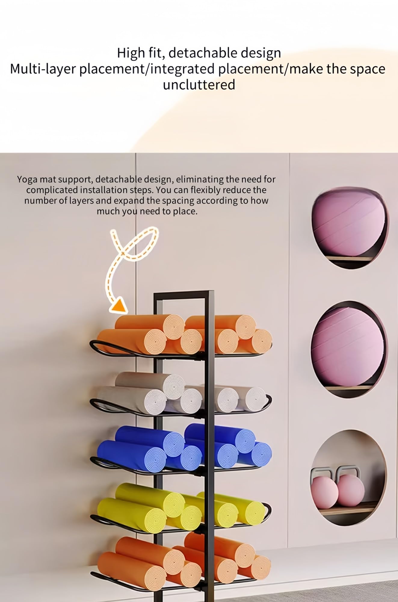 Support Mural pour Tapis de Yoga, Sangle de Yoga et Rouleau de Massage en Mousse, Gain de Place, idéal pour Les salles de Sport à Domicile et Les Cours de Fitness - Blanc (50x40x130 cm)