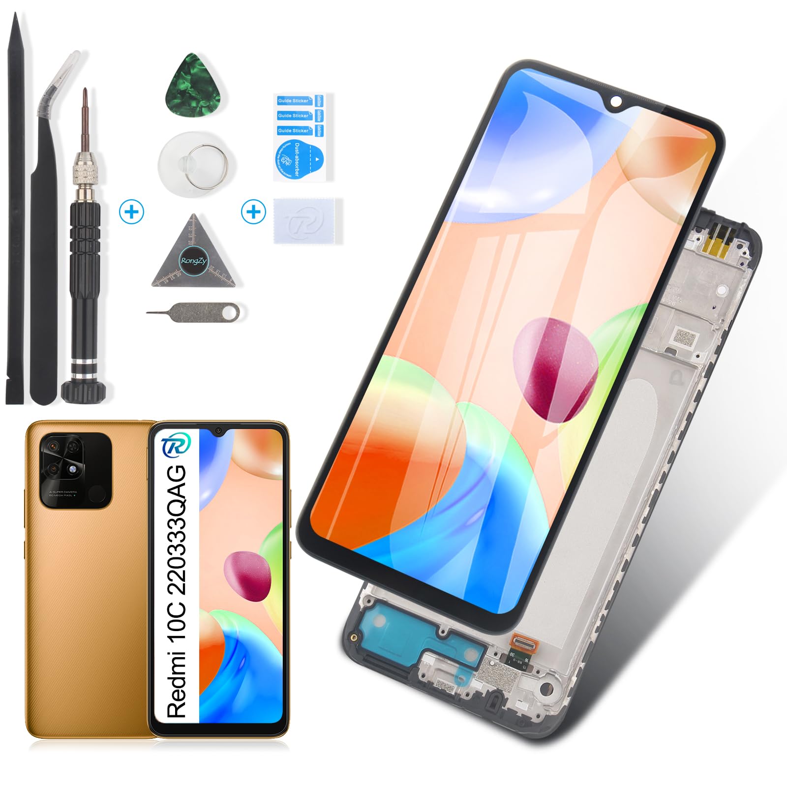 RongZy para Xiaomi Redmi 10C 220333QAG 220333QBI 220333QNY 220333QL LCD+Pantalla Táctil Digitalizador Asamblea Reemplazo +Reparación Herramientas(Negro con Marco)