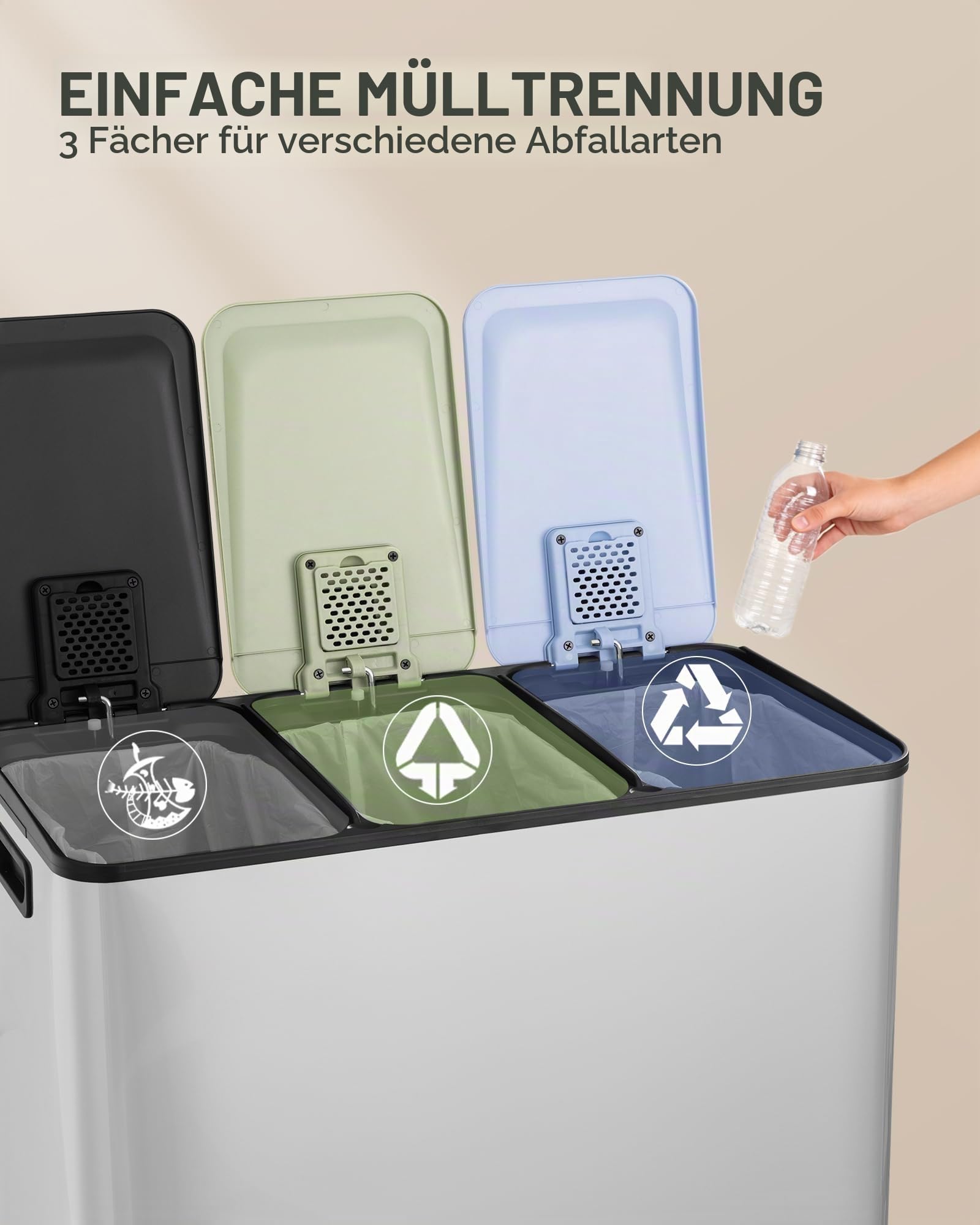 Hzuaneri Mülleimer Küche, 3 x 18 L, Mülltrennsystem 3 Fächer, Mülleimer mit Farbigem Soft-Close-Deckel und Pedal, Küchenabfalleimer mit Inneneimer, Stahl, inklusive 15 Müllbeuteln, Silber SW31899E