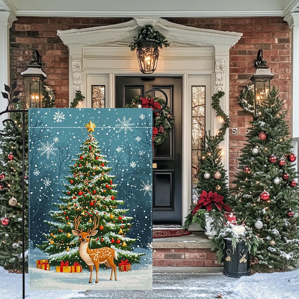 Winter Reindeer Snowflake Garden Flag for Outside Christmas Tree Welcome Yard Flag 12x18 Inch Double Sided Burlap Holiday Farmhouse Outdoor Flag Home Decoration - Image 2