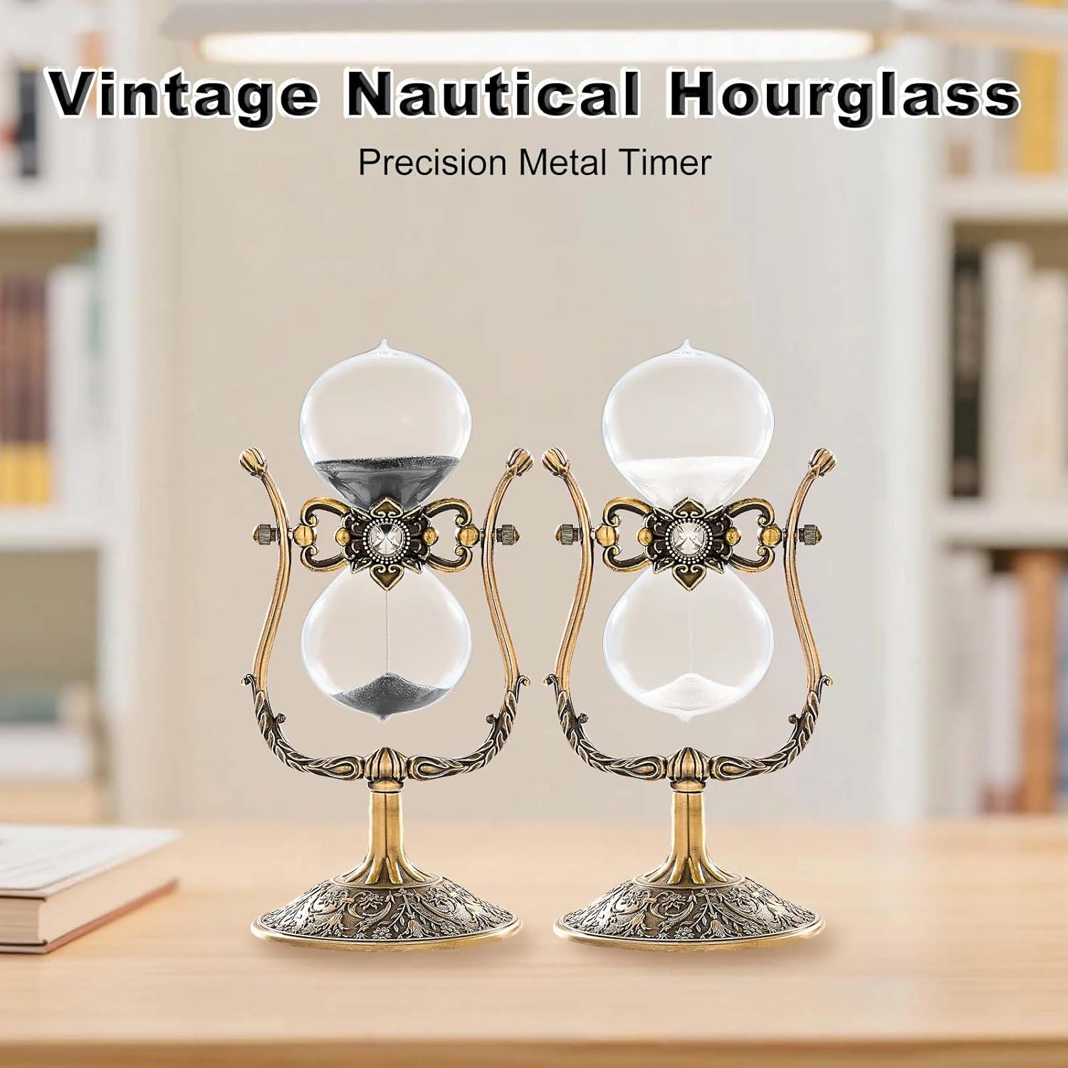 30 Minute Hourglass,Unique Engraving Rotating Sand Timer Clock, Antique Metal Sand Watch 30 Min, Vintage Brass Hour Glass Sandglass for Home, Desk, Office Decor (White)