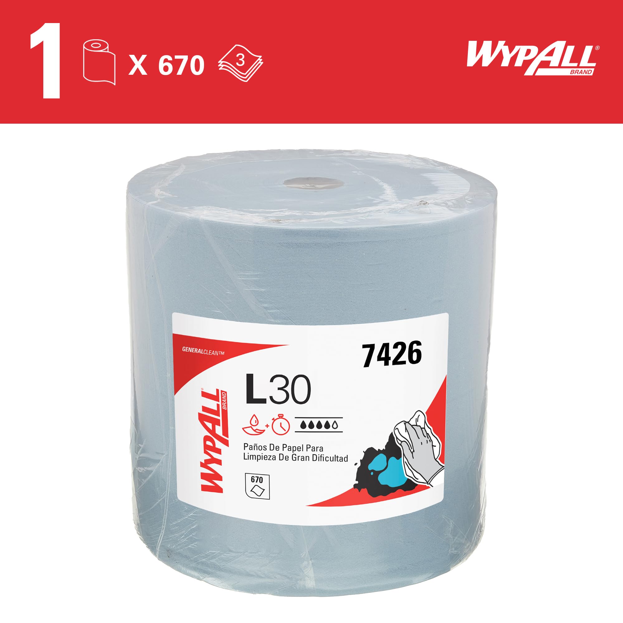WypAll Rollo de Paños de Limpieza 7426, 3 Capas, Extra Grande y Ultra Absorbente, Paños Industriales Resistentes para Derrames, Aceites y Limpieza de Superficies, 1 Rollo x 670 Hojas