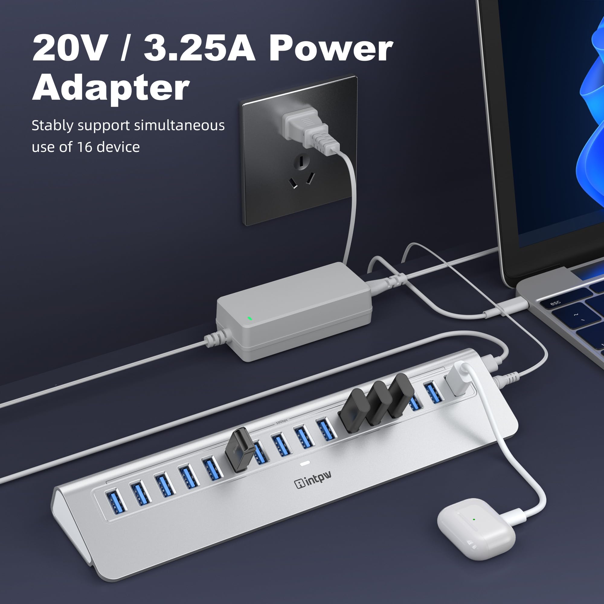 Hub USB alimenté 10 Gbit/s, concentrateur USB 3.2/USB A 16 ports intpw (16 x USB-A 3.2), hub USB alimenté avec adaptateur d'alimentation 65 W, câble de 90 cm, hub USB en aluminium pour PC/ordinateur