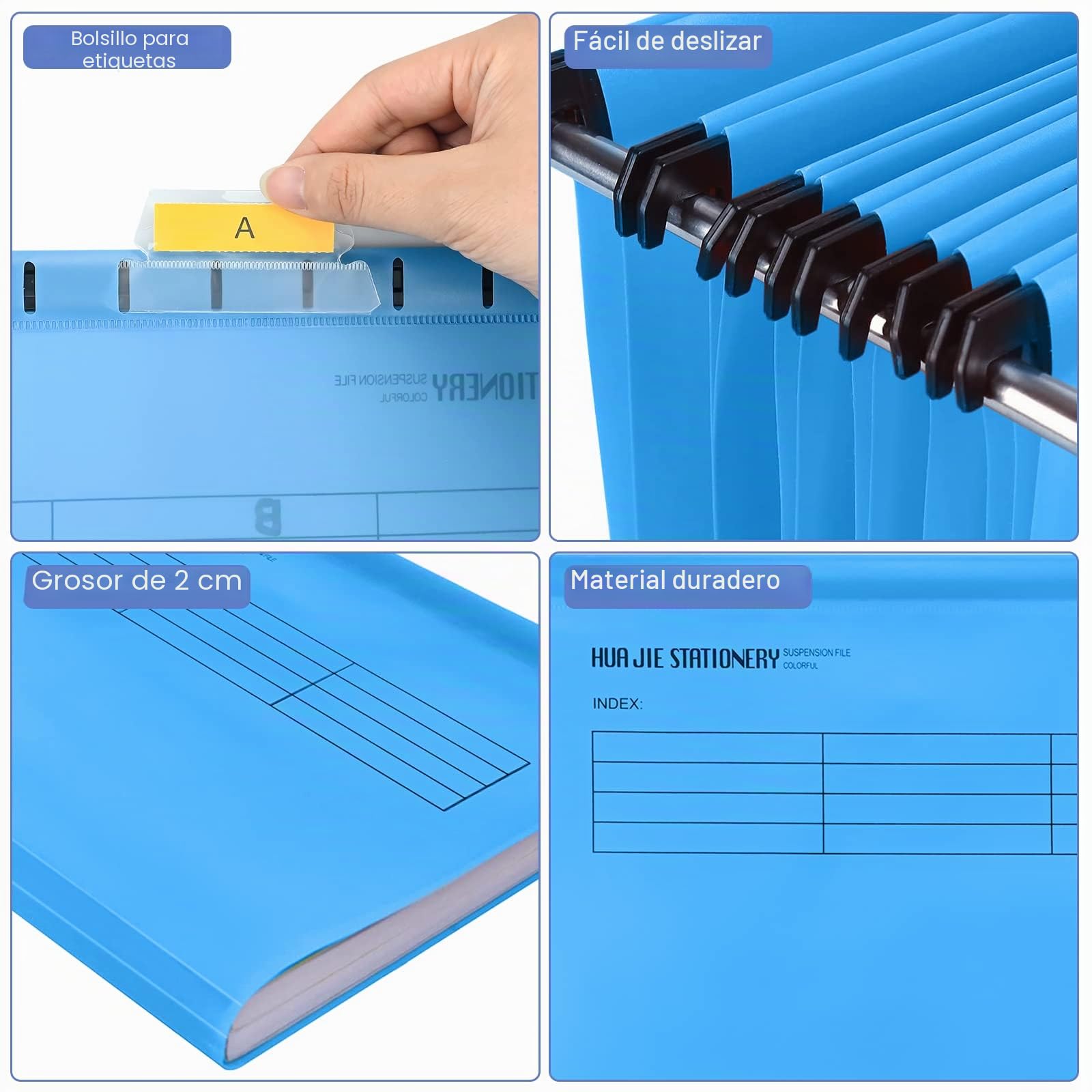 Archivos colgantes A4, 25 carpetas colgantes de polipropileno con pestañas, insertos de tarjetas y bolígrafo borrable, trabajo, oficina (5 colores)