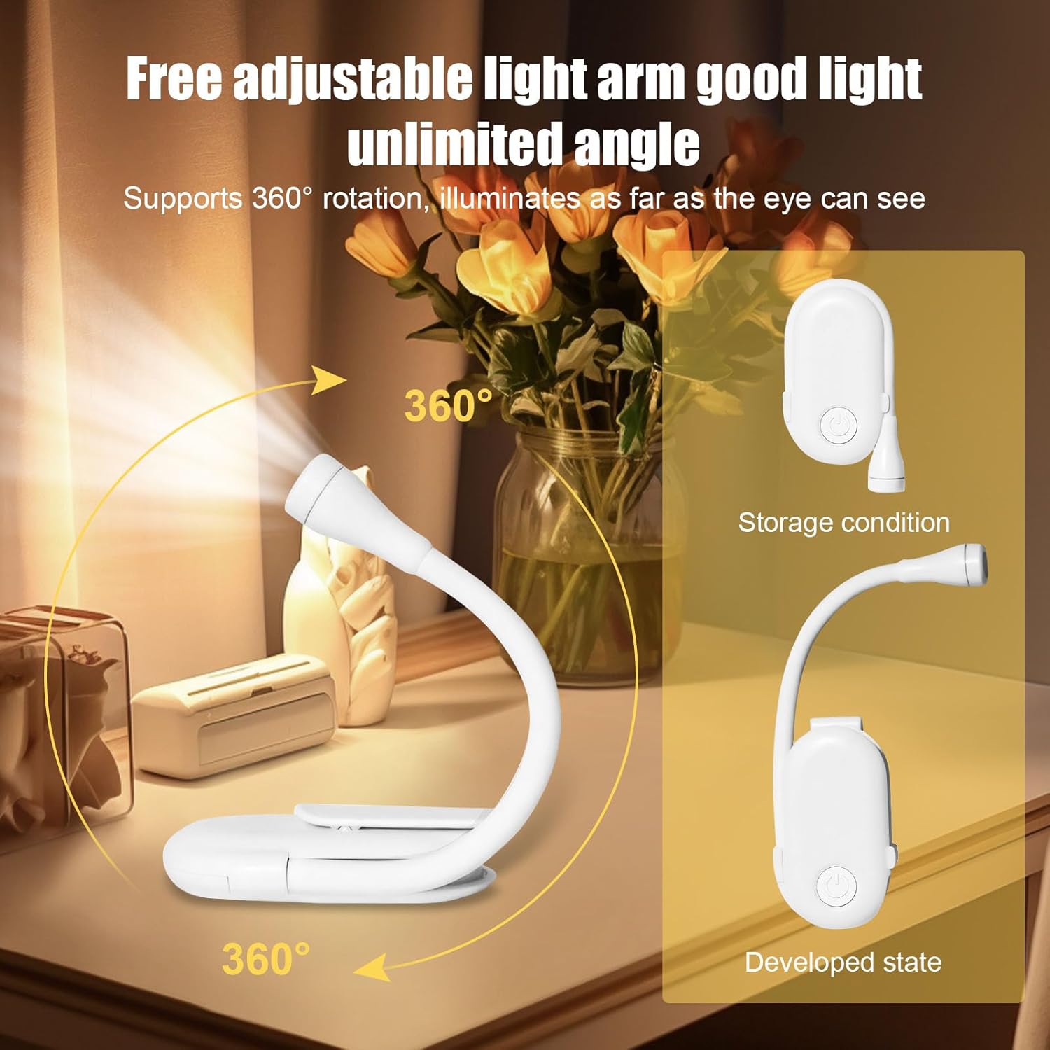 LED Clip-On Reading Light - Stepless Dimmable, 3 Lighting Modes, Flexible Neck, Perfect for Bed Headboard, Office & Home Use