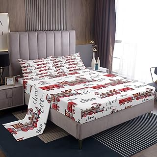 Kids Train Bed Sheet Twin Size Cartoon Car Bedding Set for Boys Girls Choo-Choo Train Tracks Fitted Sheet White Red Construction Vehicle Top Flat Sheet Teens Bedroom Decor,1 Pillowcase
