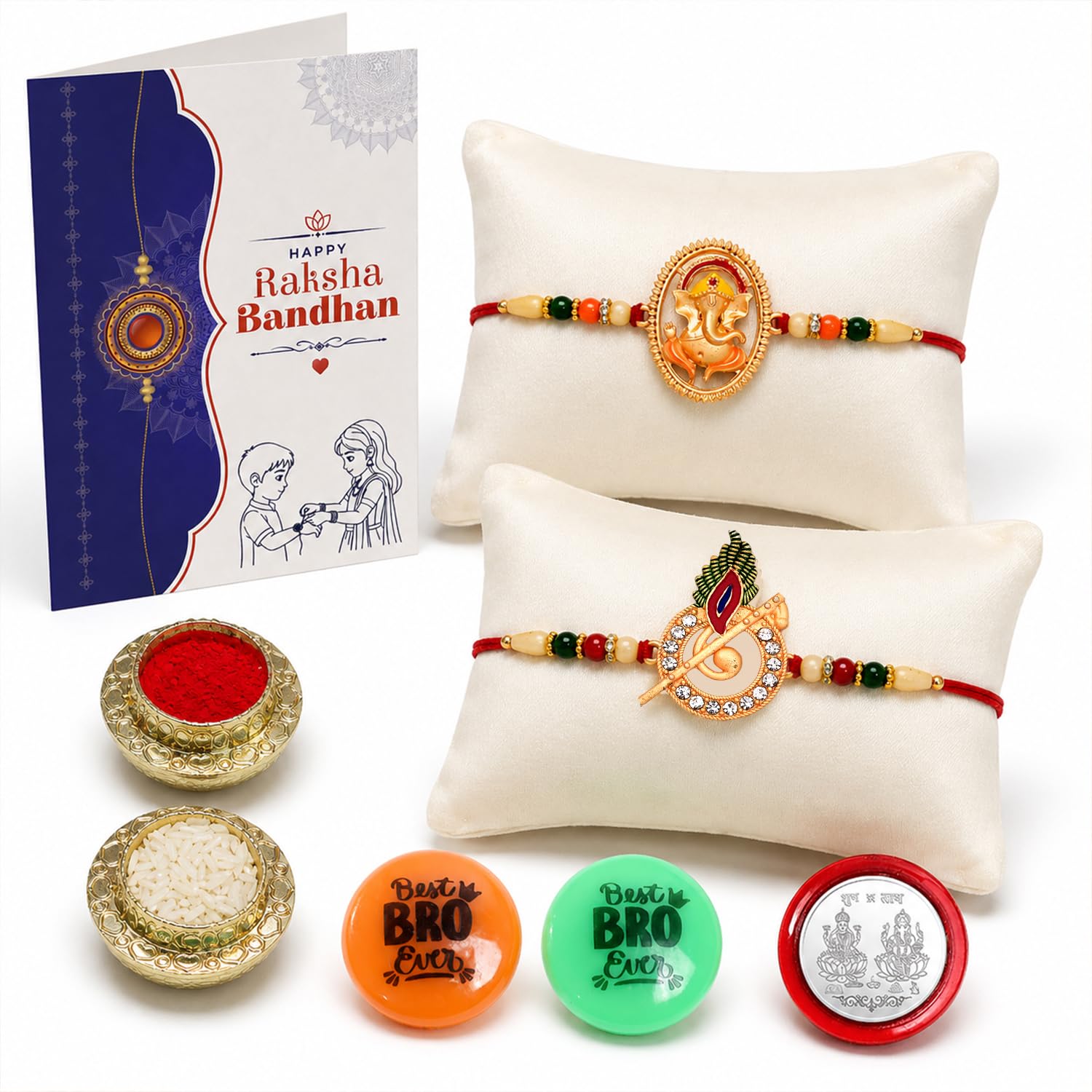 Oblivion Rakhi with Fridge Magnet for Brother – Brother Special Festival Combo with Rakhi, 2 Pc Decorative Fridge Magnets, Greeting Card, Silver Color Coin & Roli Chawal (Pack of 7)