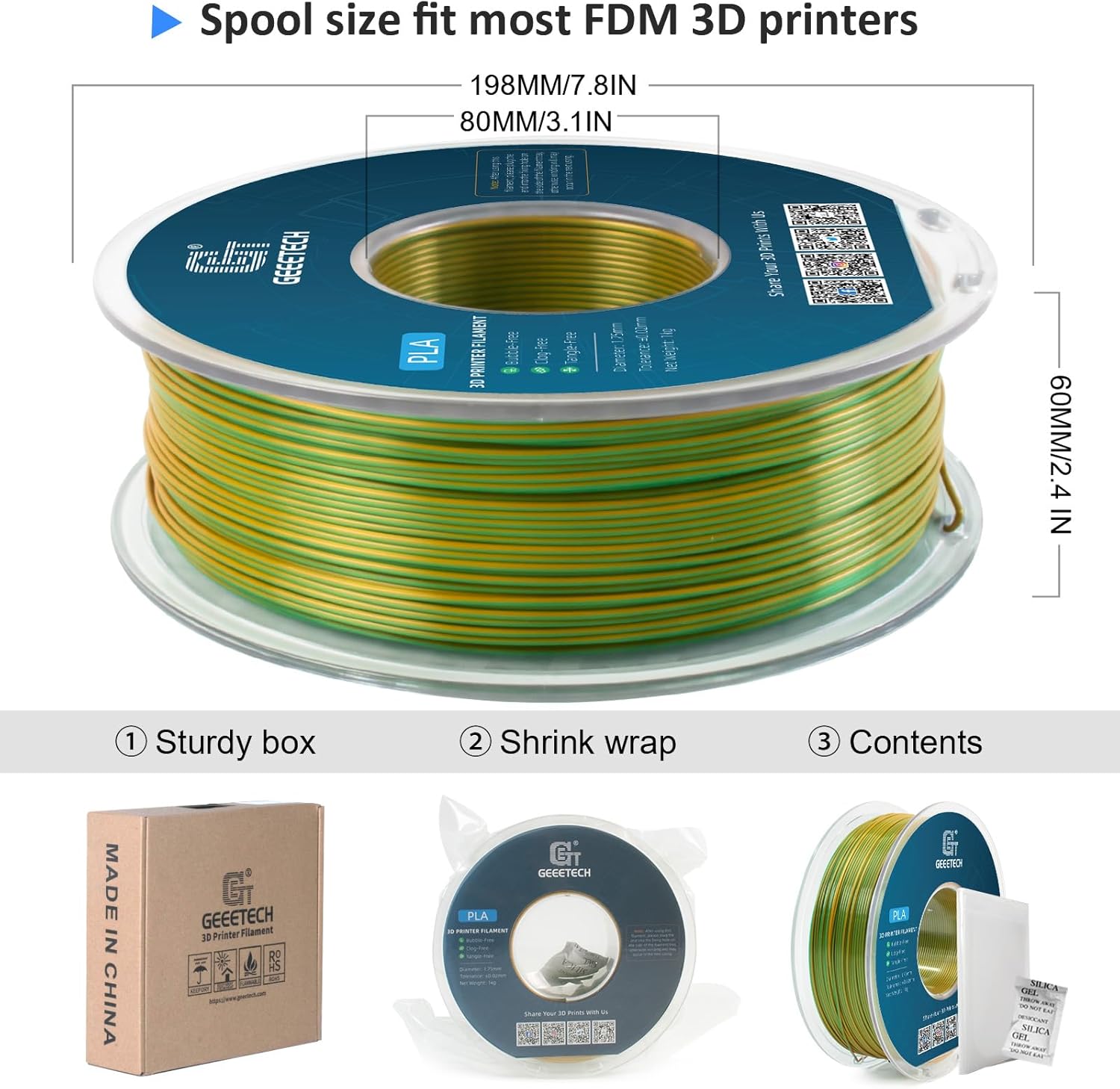 Geeetech 3D Printer Silk PLA Dual Color Filament, Metal-Like Shiny Silk Filament 1.75mm 1kg (2.2lbs) Spool, Dimensional Accuracy +/- 0.02 mm, Silk Yellow Green - Image 5