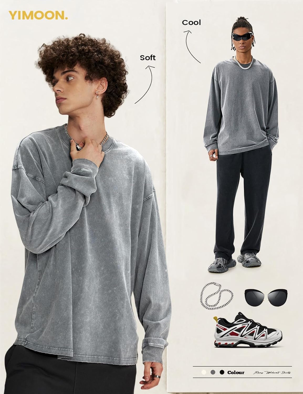 Yimoon Oversized Tshirts for Men Cotton Long Sleeve Shirts Vintage Acid Wash Baggy Tees Casual Crewneck T-Shirt - Image 5