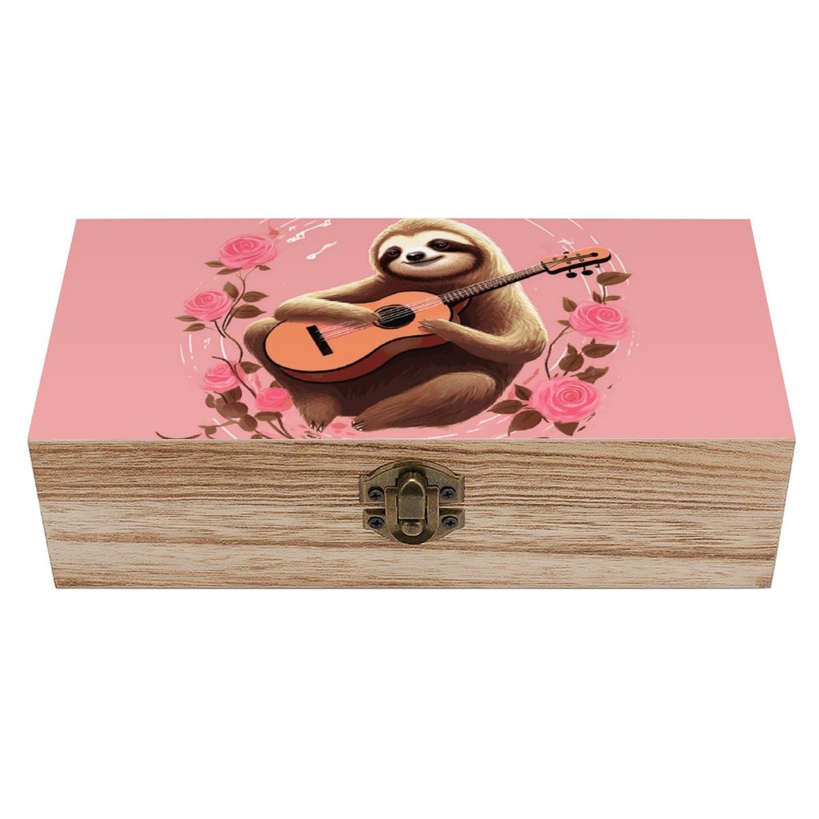 Wooden Storage Box Sloth with Musical Notes Wood Gift Box with Hinged Lid Vintage Decorative Jewelry Boxes Memory Box for Jewelry Art Hobbies Home Storage Treasure Keepsake Gift 7.9''x3.9''x2.3''