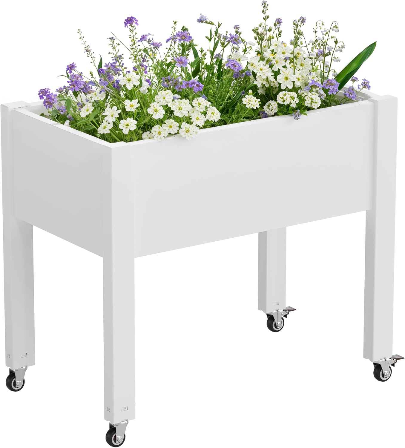 Elevated Raised Garden Bed with Wheels - Outdoor Mobile Resin Planter Box with Drainage Holes for Vegetables Flower Herbs, Weather Resistant, White (26.3" h)