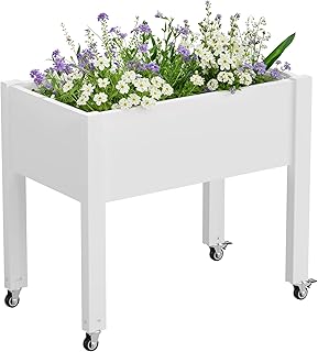 Elevated Raised Garden Bed with Wheels - Outdoor Mobile Resin Planter Bo...