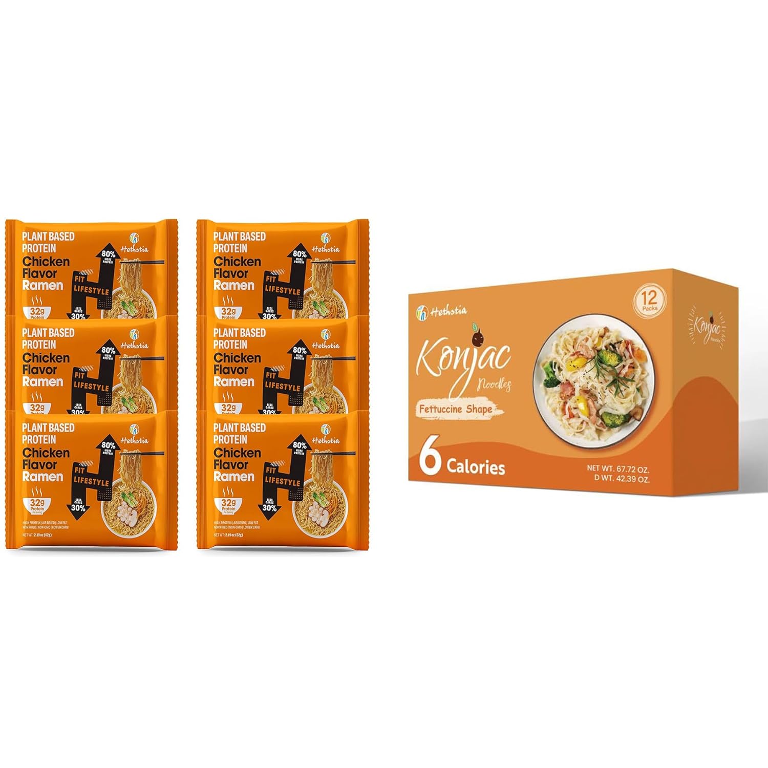 Hethstia High Protein Ramen & Konjac Fettuccine Bundle – Chicken Flavor Plant-Based Protein Ramen (6 Pack) with Low Carb Shirataki Fettuccine Pasta (12 Pack), Vegan, Low Calorie, Gluten-Free, Keto Fri