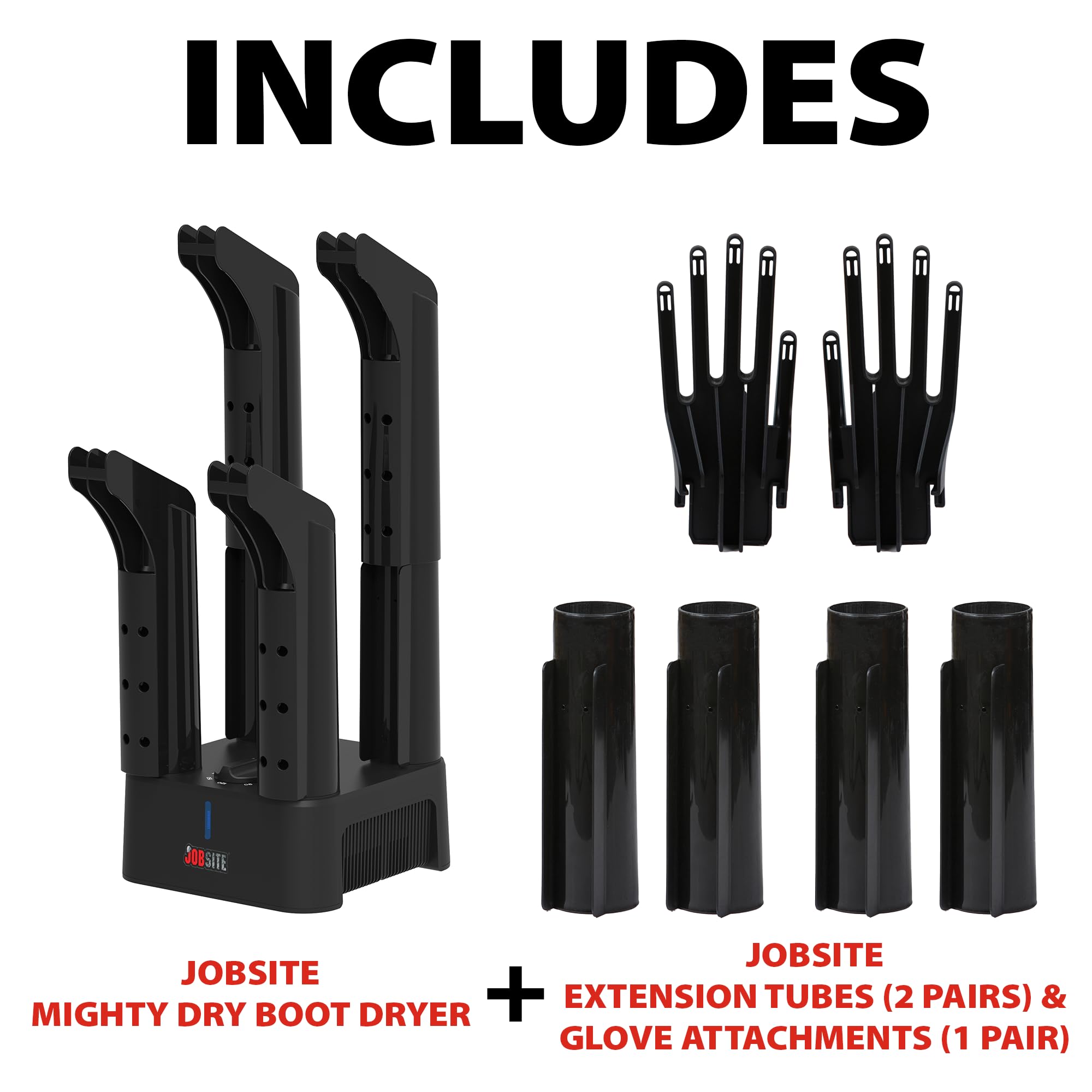 JobSite Ultra Stiefeltrockner und Handschuhtrockner – Trockene Wathose und hohe Stiefel – Mighty Boots Trockner mit Wärmegebläse Ventilator & Verlängerungsrohren & Handschuhaufsätzen – Schneller