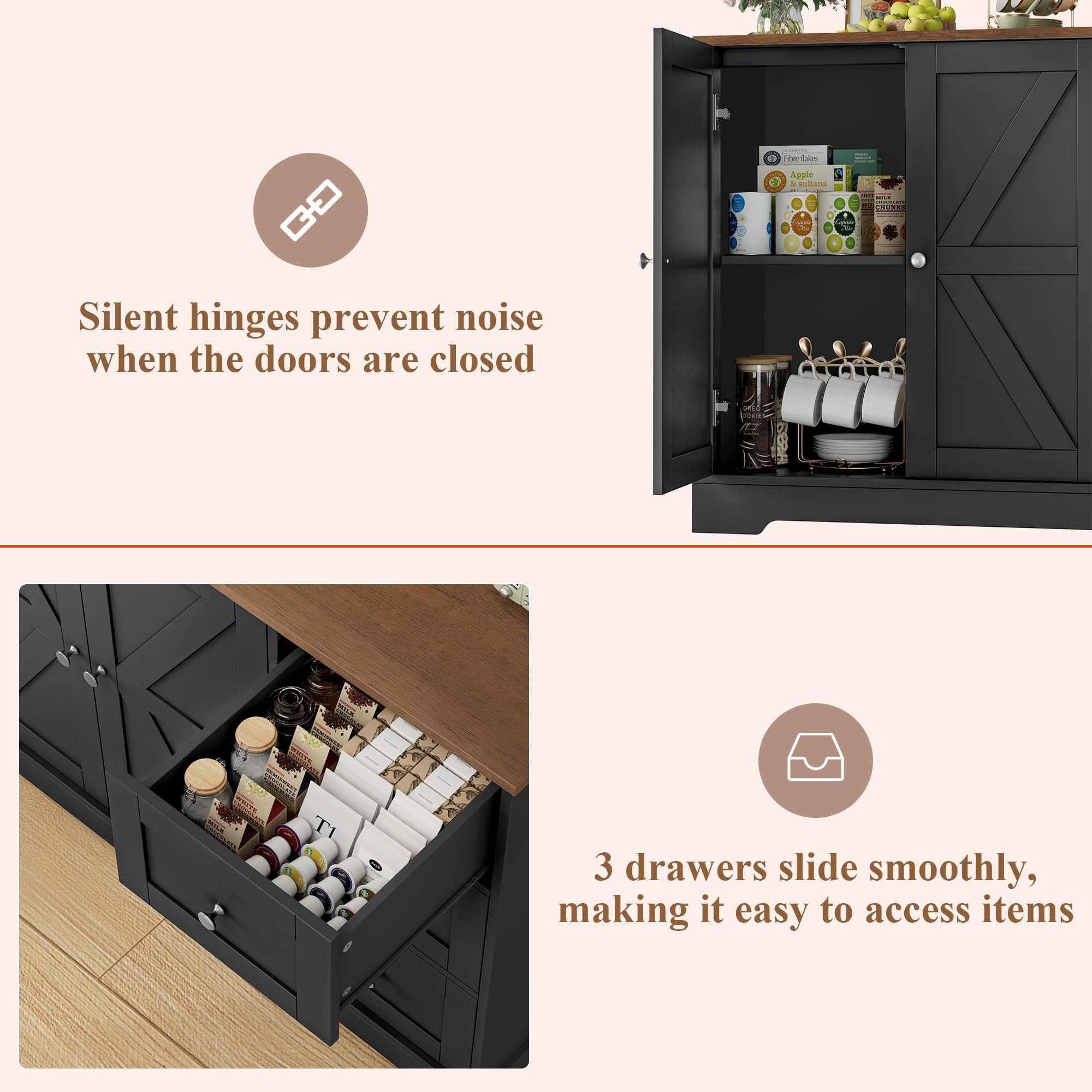 HOCSOK Sideboard, Küchenschrank mit 3 Schubladen und 2 Türen, Buffetschrank mit Arbeitsplatten für Küche, Esszimmer, Wohnzimmer, Schwarz & Braun