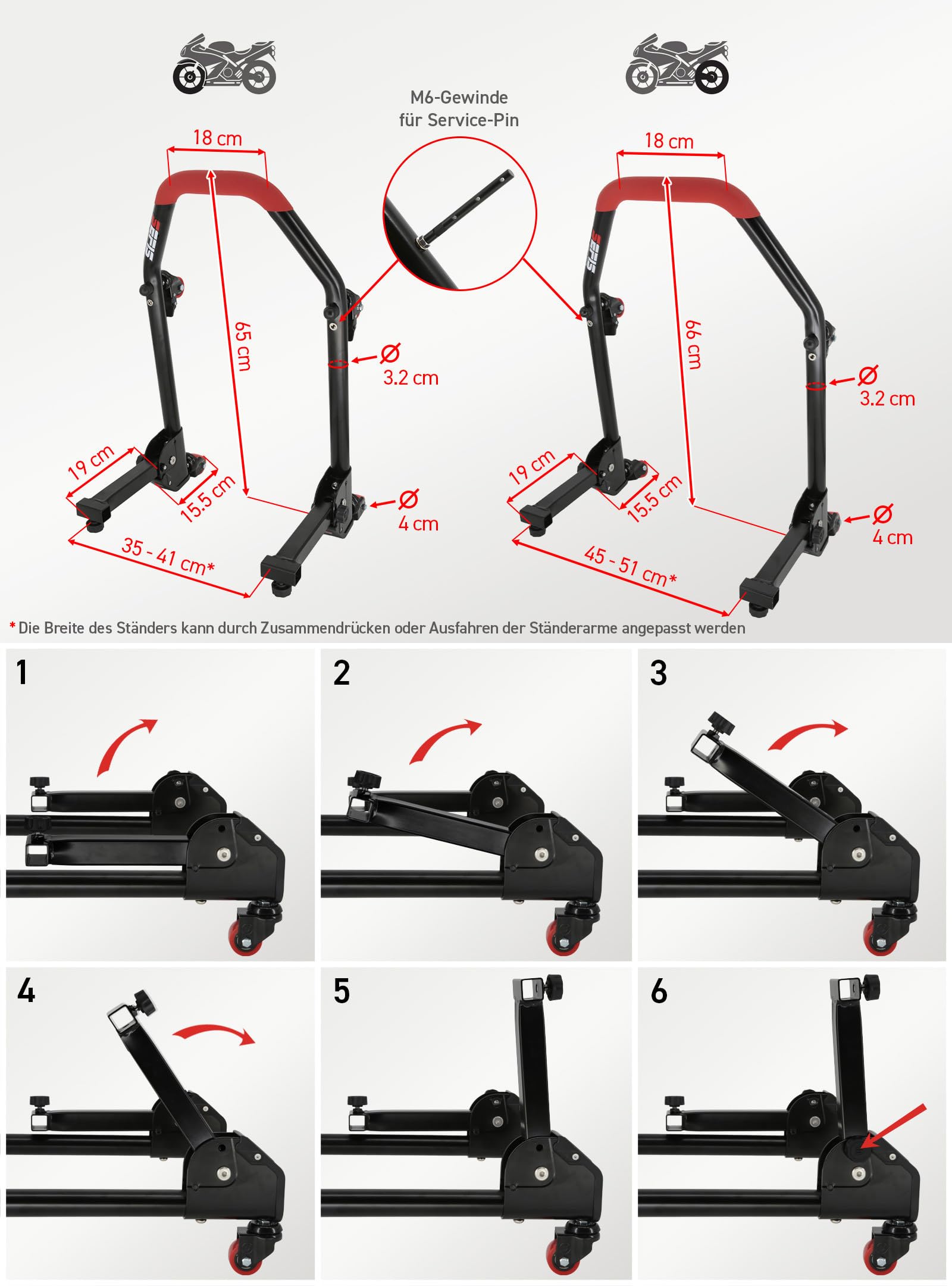 SEFIS M20U - Juego de soporte para motocicleta + bujes prisma M8 para rueda trasera, elevador de moto, soporte de servicio trasero plegable (para BMW S1000RR / R/XR M1000RR / R/XR)