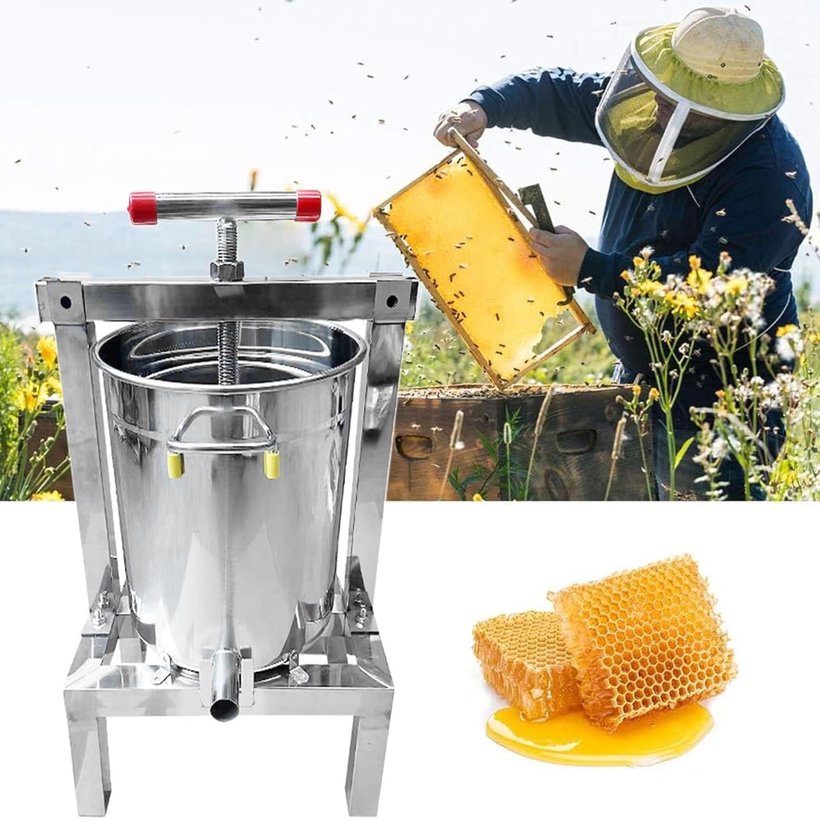Extractor y prensa manual de miel, giratorio 2 en 1 con tapa, equipo de apicultura para cosecha, color plateado