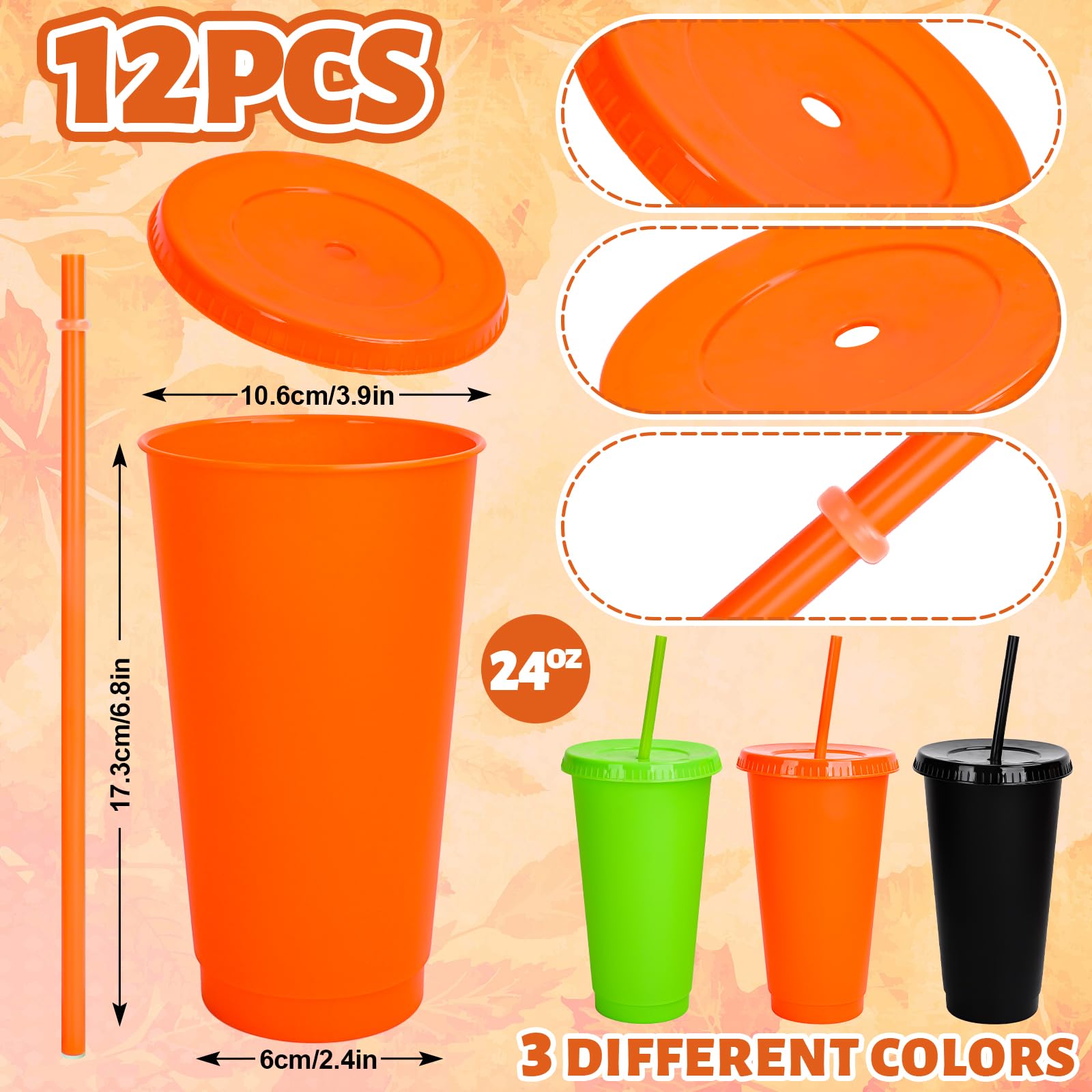 Whaline 12 bicchieri di plastica per Halloween, con coperchio, cannucce riutilizzabili, 3 colori, per caffè, bevande, bevande, feste, 680,4 g