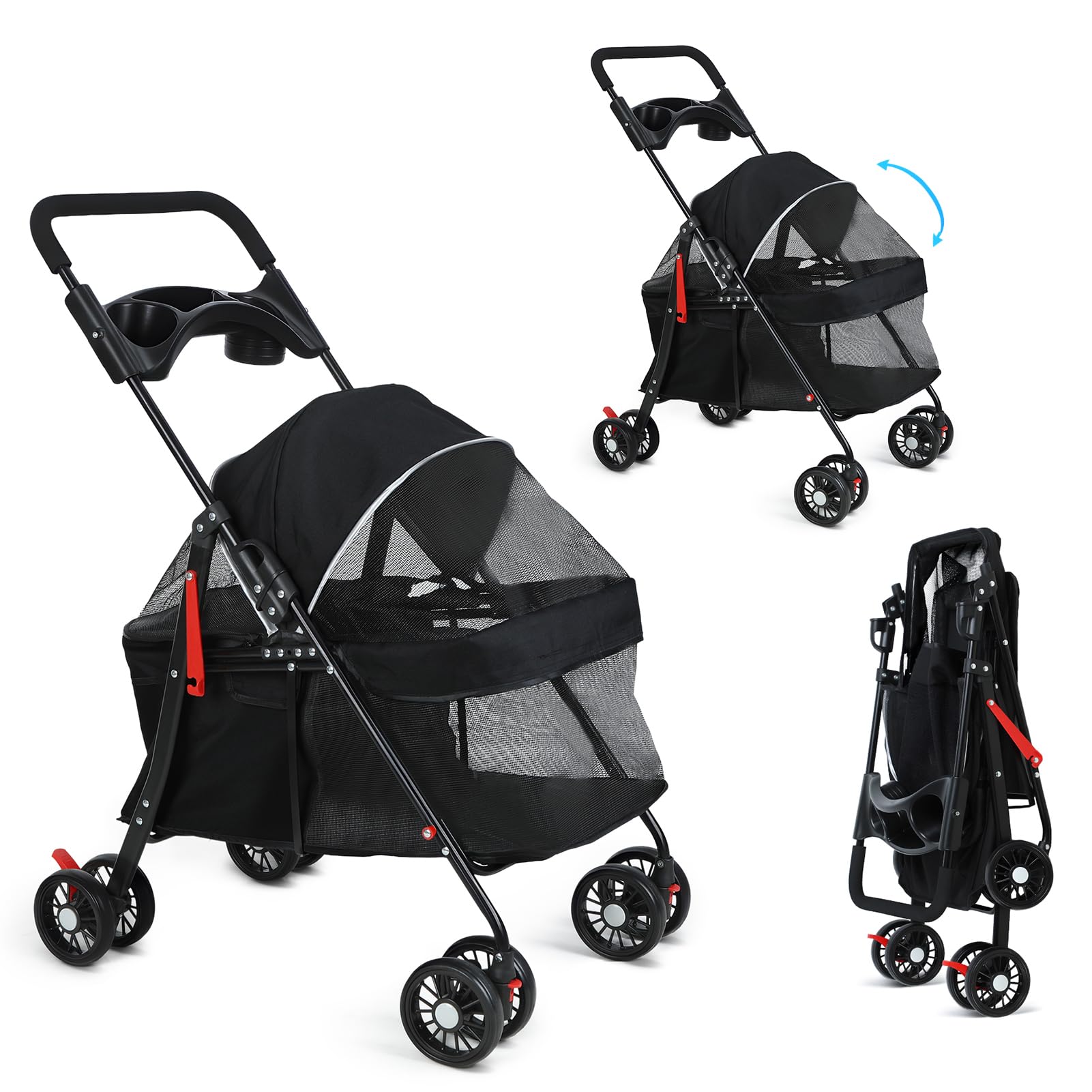 Haustier-Kinderwagen für Hunde und Katzen, Hundewagen, 4 Räder, Outdoor, Reisen, Haustier-Klappwagen, sichtbares Netz, mit Getränkehalter, Hinterrad, Doppelbremse, atmungsaktiv für mittelgroße kleine