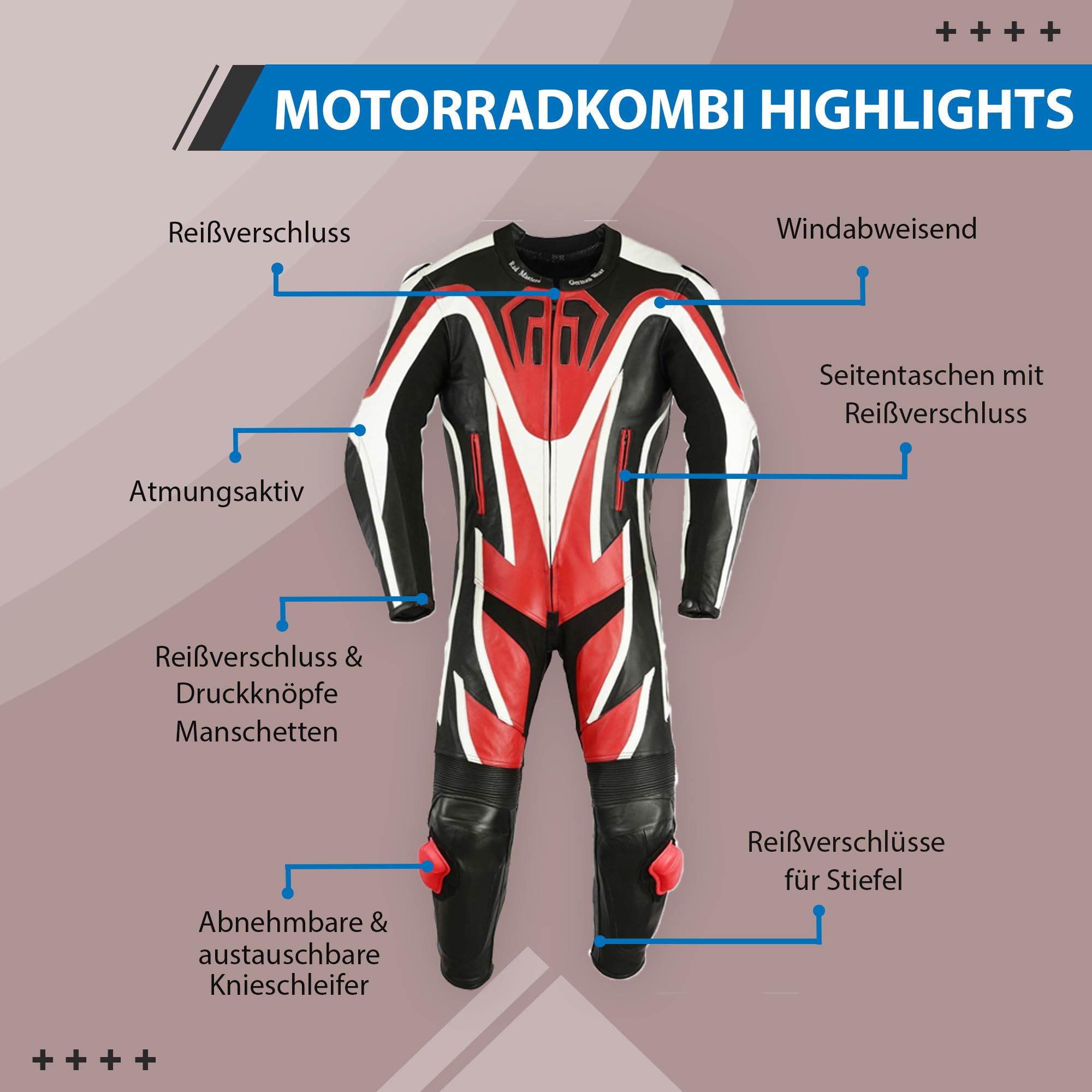 German Wear Einteiler Motorradkombi Motorrad Lederkombi aus Rindsleder echtleder Kombi, Größe:50/M, Farbe:Rot