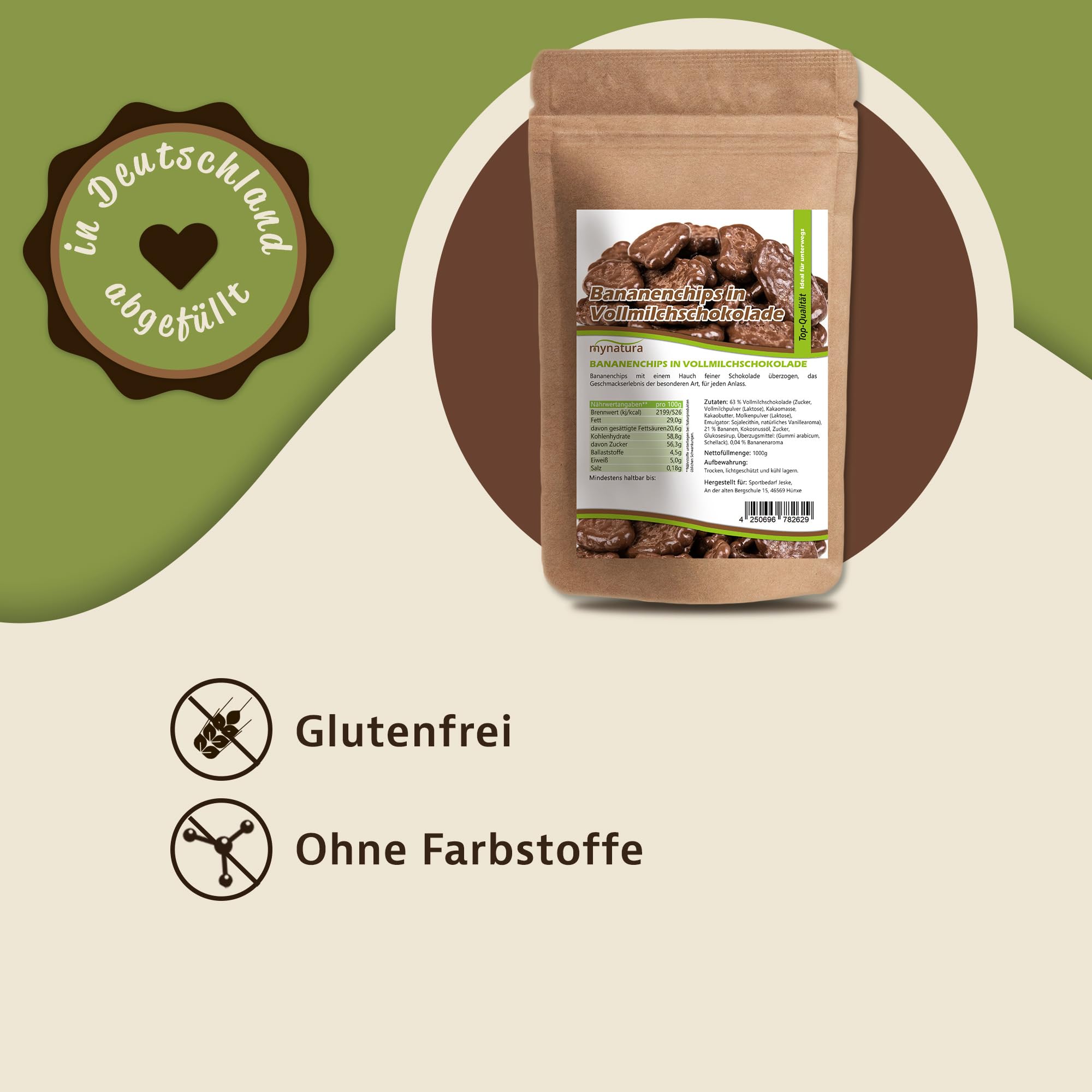 Mynatura Bananenchips, mit Vollmilchschokolade umhüllt I Schokolade I Banane I Snack I Topping I Süßigkeiten I Im Beutel (2x 1000g)