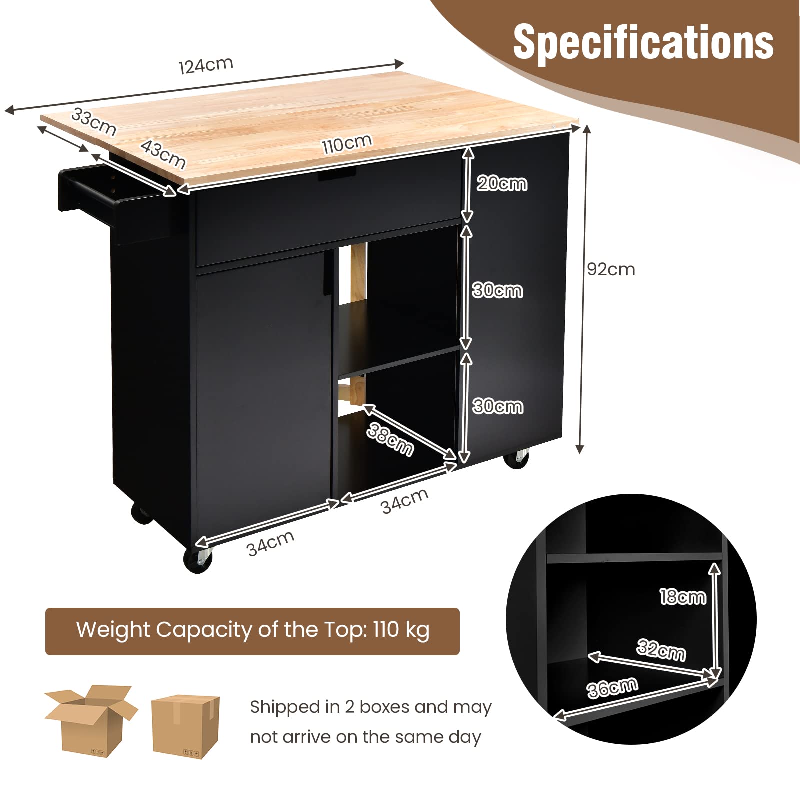 KOMFOTTEU Isla de Cocina con Encimera Extensible, Carro de Servicio de Madera con 5 Ruedas, Mueble de Almacenamiento con Cajón, Armario con Puerta, Estante Abierto y Toallero, Barra Comedor (Negro)
