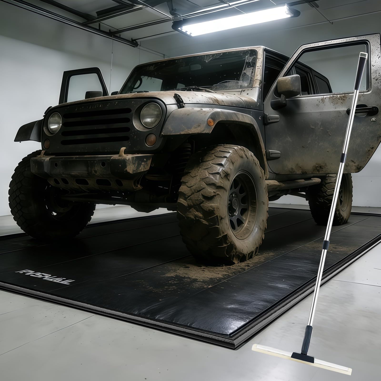 garage floor mat, 8'6''x22' heavy duty 1.2inch thick containment mats, waterproof pvc matwith high elastic sponge column, non-slip surface, parking mat with a squeegee