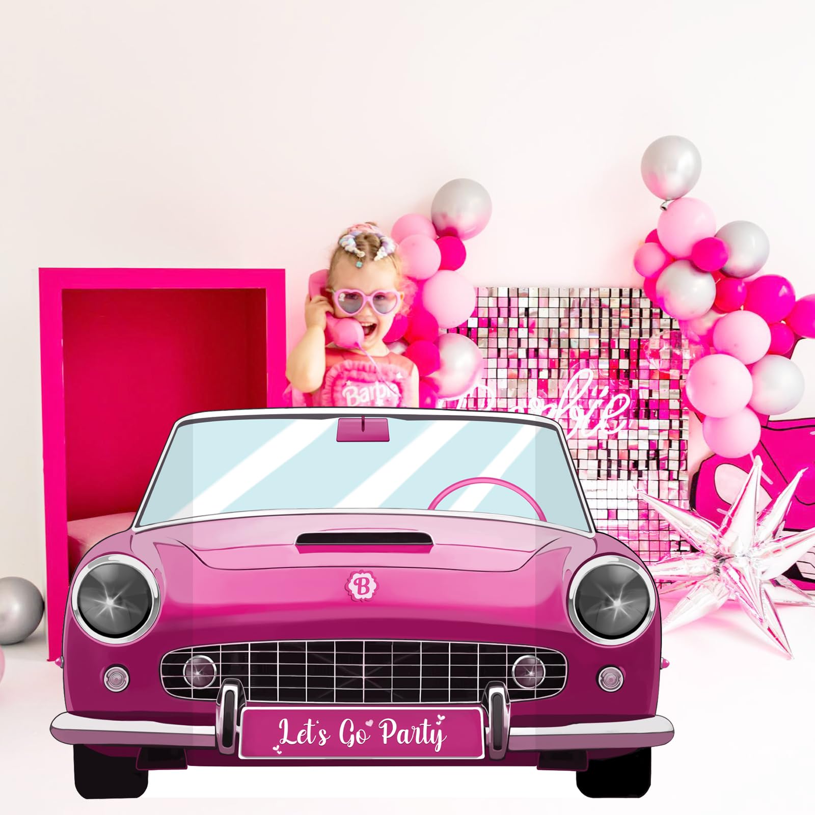 Hot Pink Convertible Car Photo Booth Props, Pink Princess Party Decorations for Kids Girls Women Birthday Bachelorette Party Wedding Bridal Shower Anniversary Themed Party Supplies (38 * 23inch)