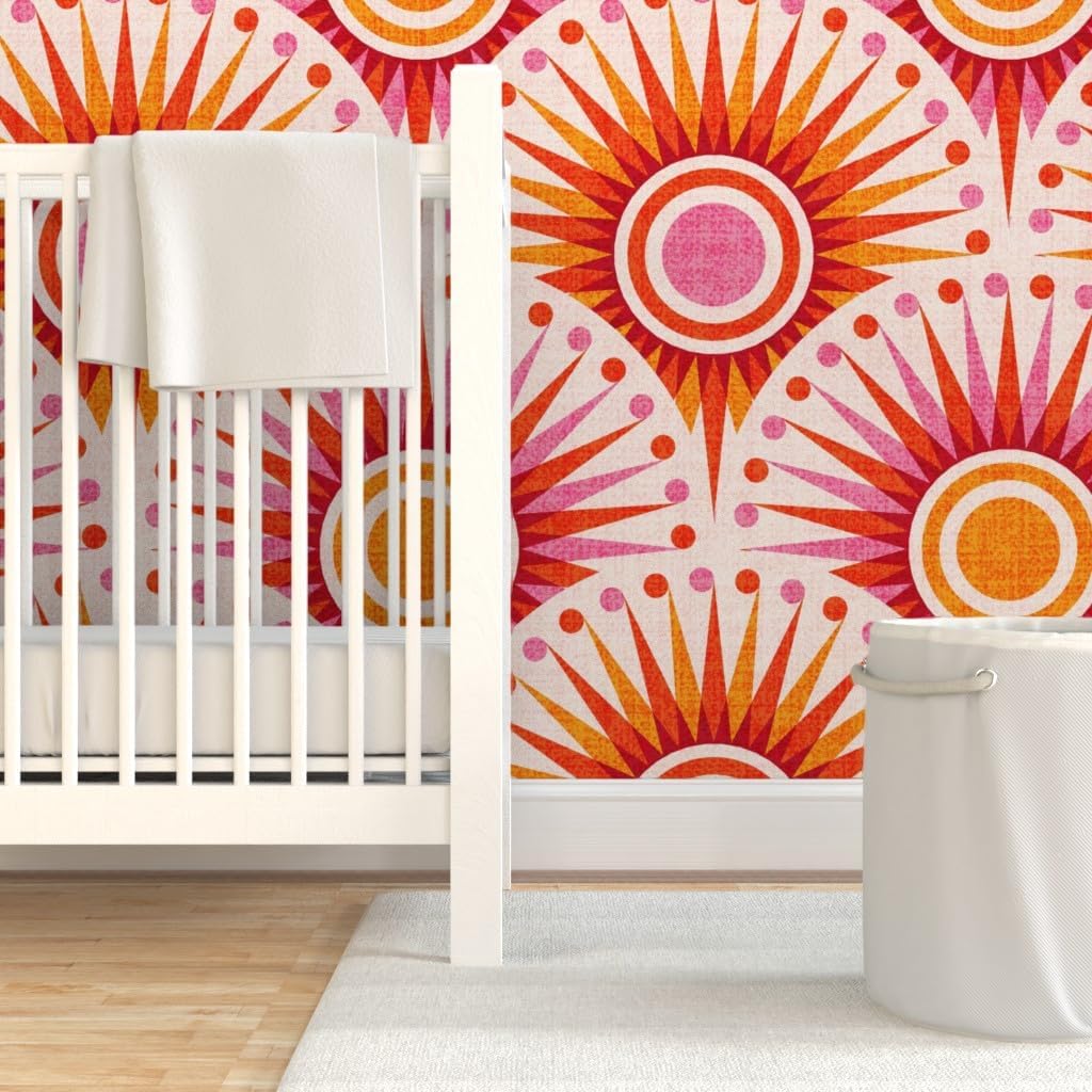 Spoonflower Peel & Stick Wallpaper 3ft x 2ft - Retro Orange Sun Boho Pink Red Yellow Sunset Sunrise Large Scale Custom Removable Wallpaper