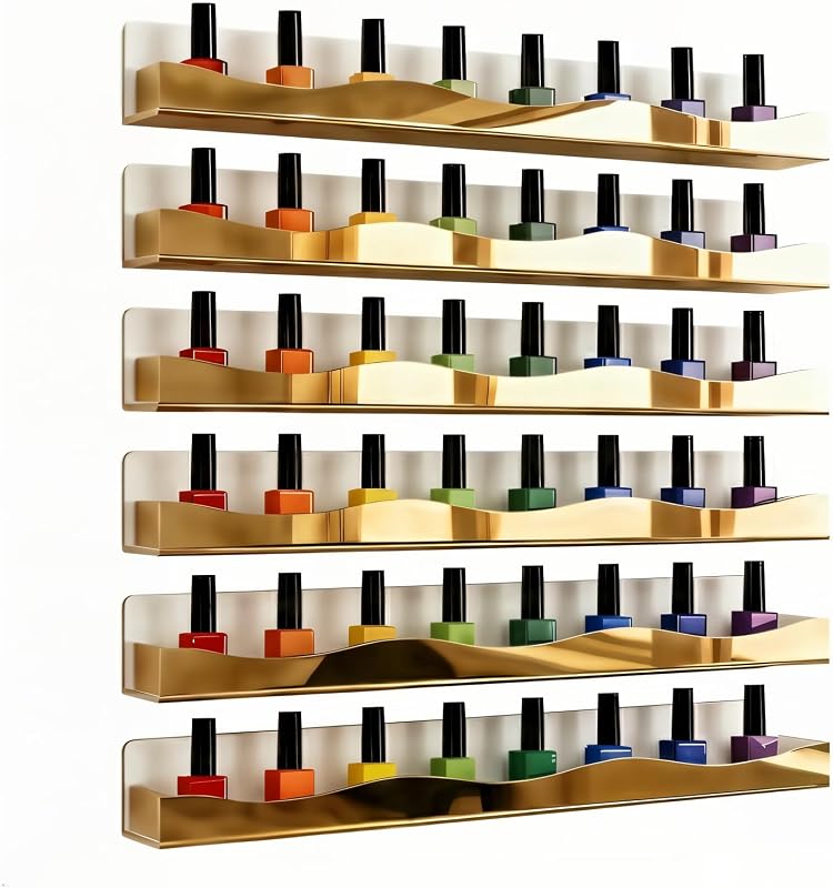 Organizador de parede para esmaltes em acrílico espelhado dourado, 6 prateleiras de 38,1 cm