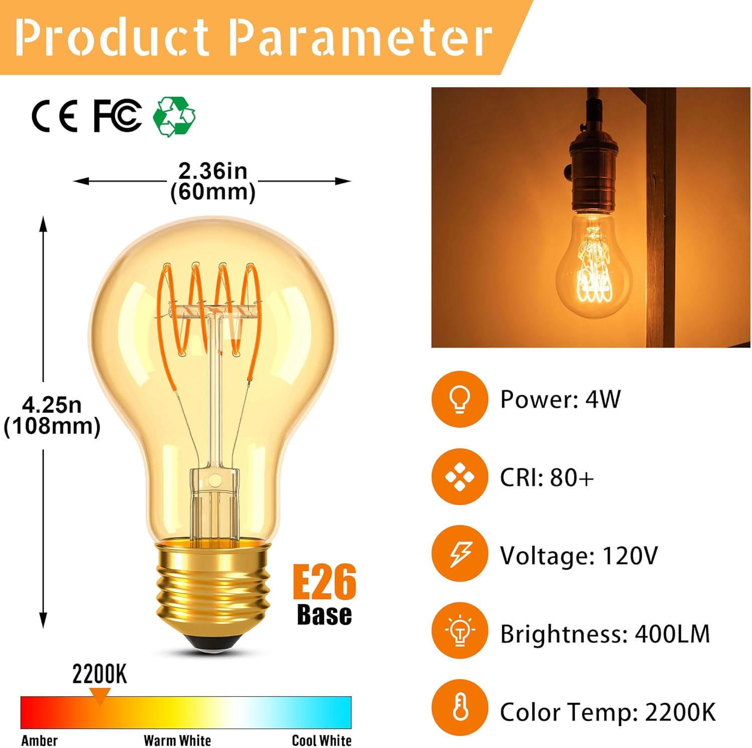 Dimmable E26 A19 Edison Bulbs Vintage Amber Light Bulbs 40 watt,Decorative Antique Spiral Filament Warm 2200K LED Light Bulb 400LM,for Rustic,Lamp,Chandelier,Pendant,Pack of 2