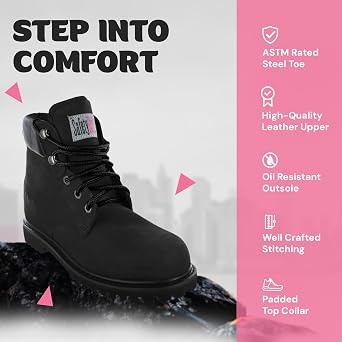 Safety Girl Womens Work Boots | Water Resistant Leather Work Boots for Women | Oil & Slip-Resistant Black, Steel Toe Boots for Women | Premium Nubuck | Lightweight and Comfortable | Black - 10M