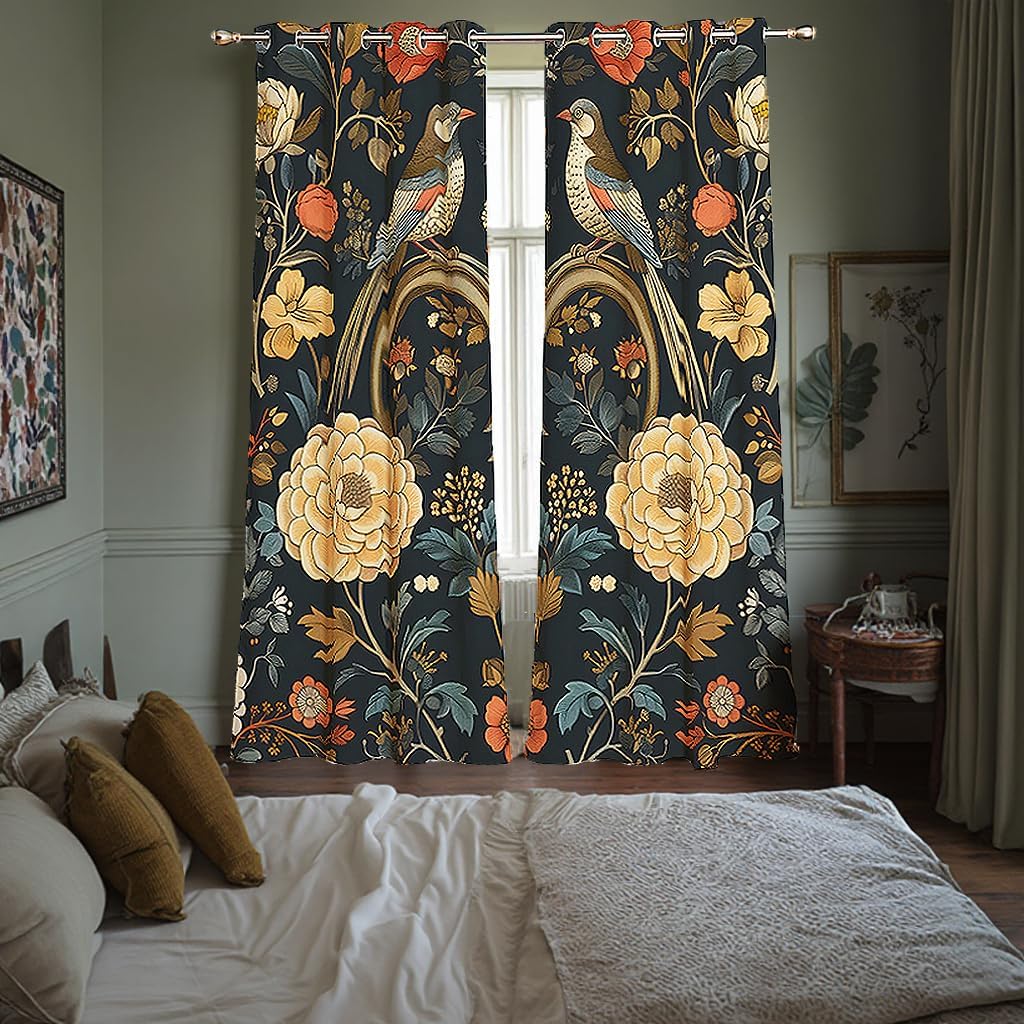 Vintage Curtains Blackout Floral 84 Inches Long for Living Room Farmhouse Window Panels Room Darkening Birds Flowers Printed Thermal Insulated Grommet Drapes 2 Panels for Bedroom