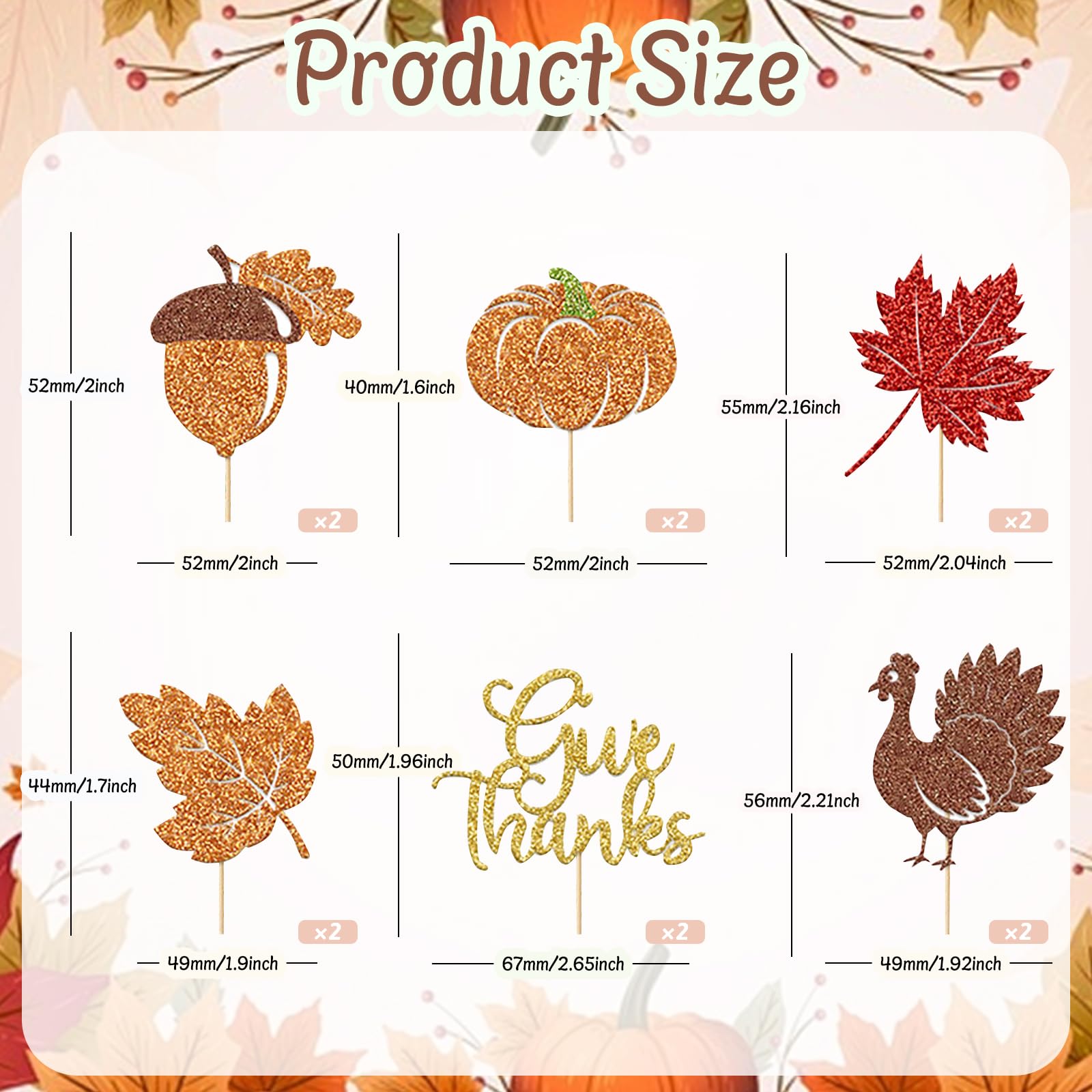 6 Stück Cupcake-Topper 'Happy Thanksgiving' – Glitzer-Ahornblätter & Kürbis, Gold/orange, Für Herbst-Partys