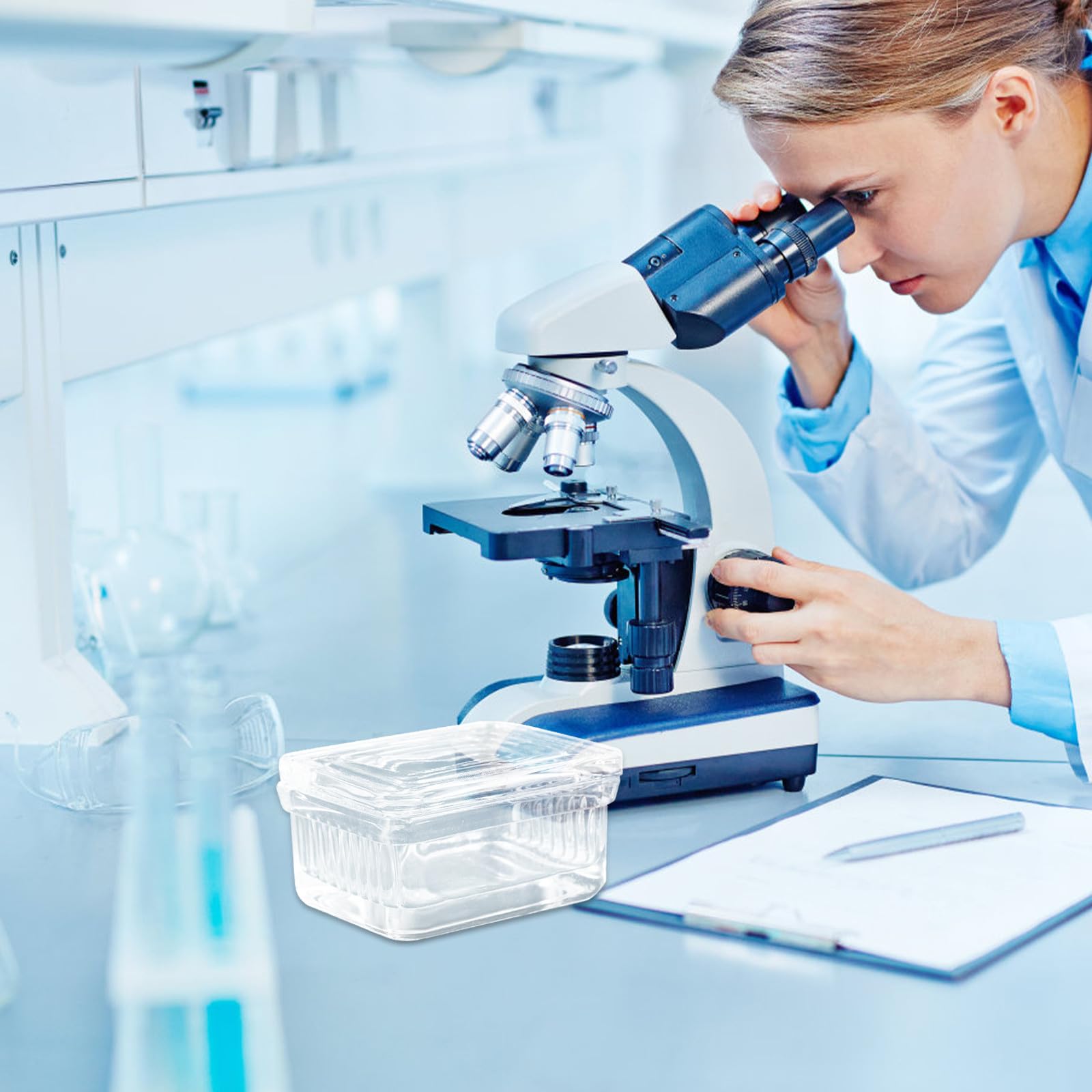 Healeved Barattolo in Vetro per Colorazione Coperchio Trasparente, Supporto per 10 Vetrini, Riutilizzabile per Esperimenti di Ricerca Scientifica