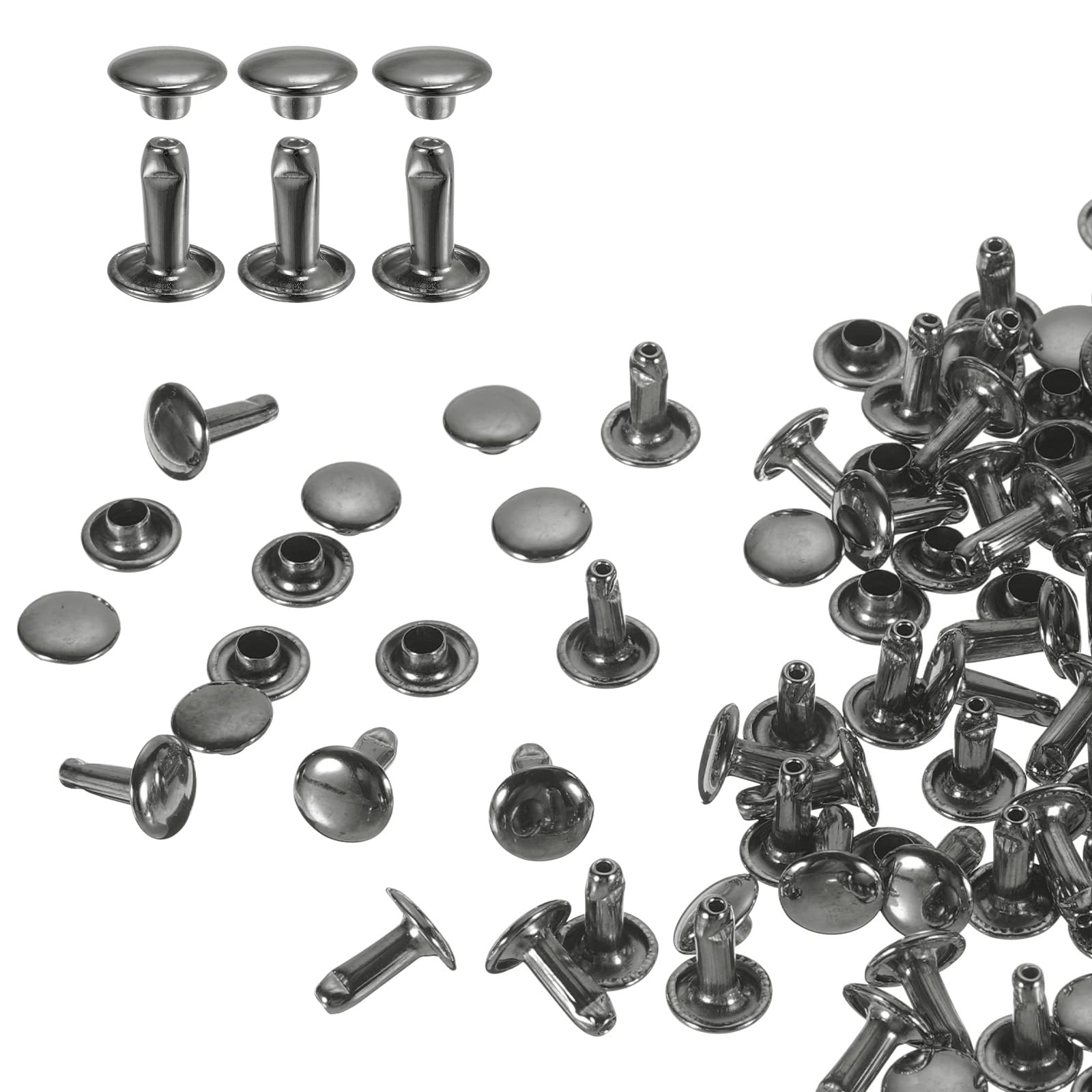HARFINGTON 60 Sets Double Cap Leather Rivets, 8x10mm Round Cap Tubular Metal Studs Leather Crafting Rivets for Fabric Belt Pet Collar Boot Bag Repair and Decoration, Gunmetal
