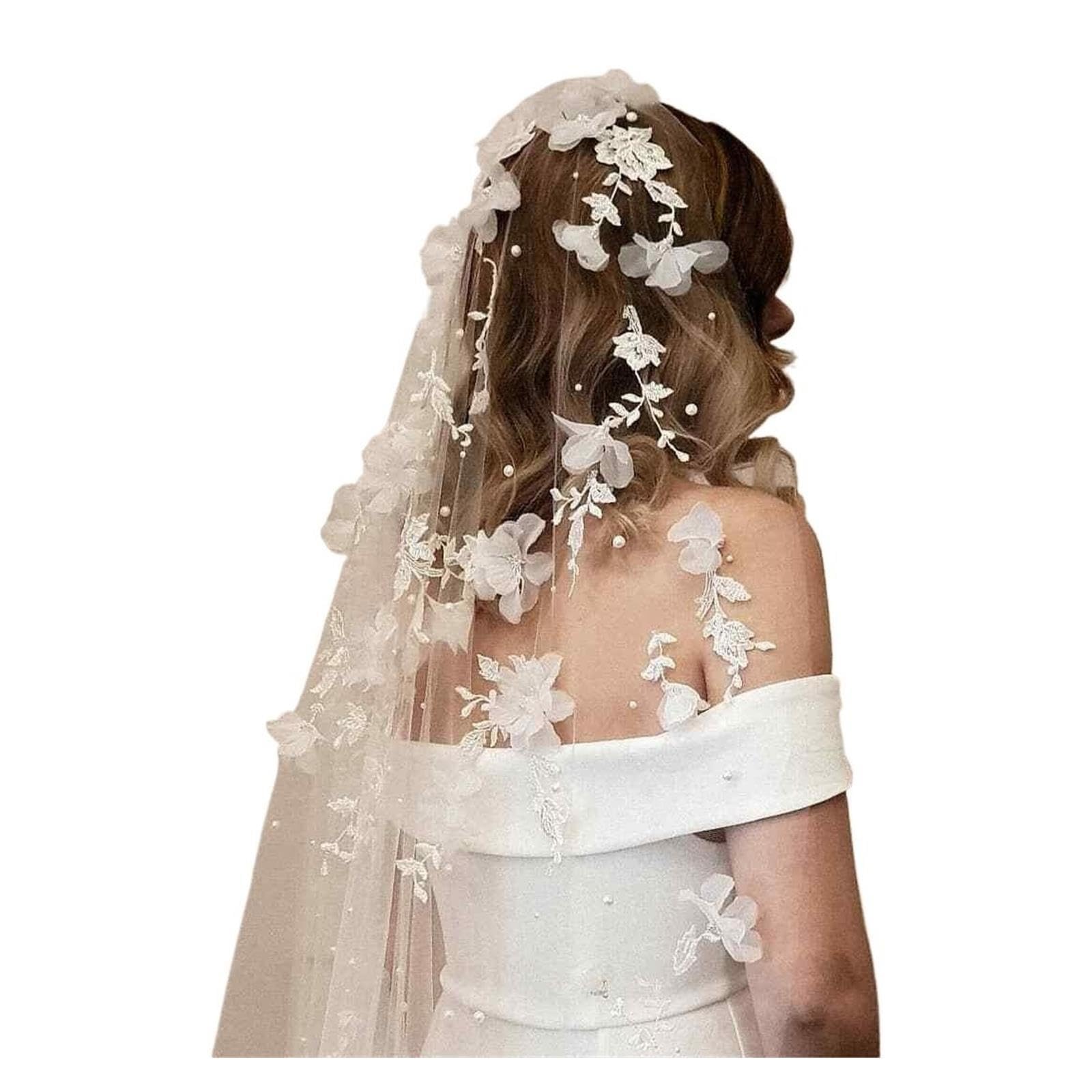 Velo da sposa con applicazioni Fiori 3D Perle Veli