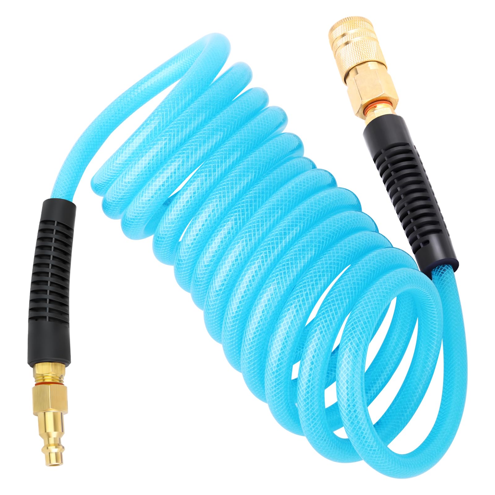 1/4" x 10FT Reinforced Polyurethane Recoil Air Hose with Bend Restrictor, 1/4" Industrial Quick Coupler and Plug