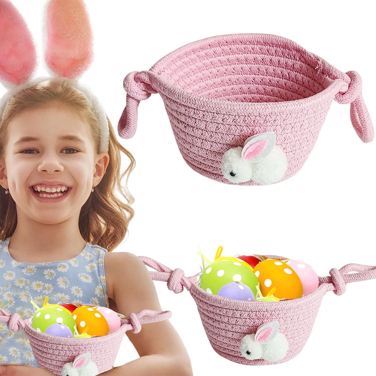 Bunny Woven Baskets Easter Pink Mini Baskets White Rabbit Egg Basket Cotton Rope Basket Trays Desktop Storage Organizer Desktop Storage Baskets for Easter Nursery Egg Hunt Party Gifts