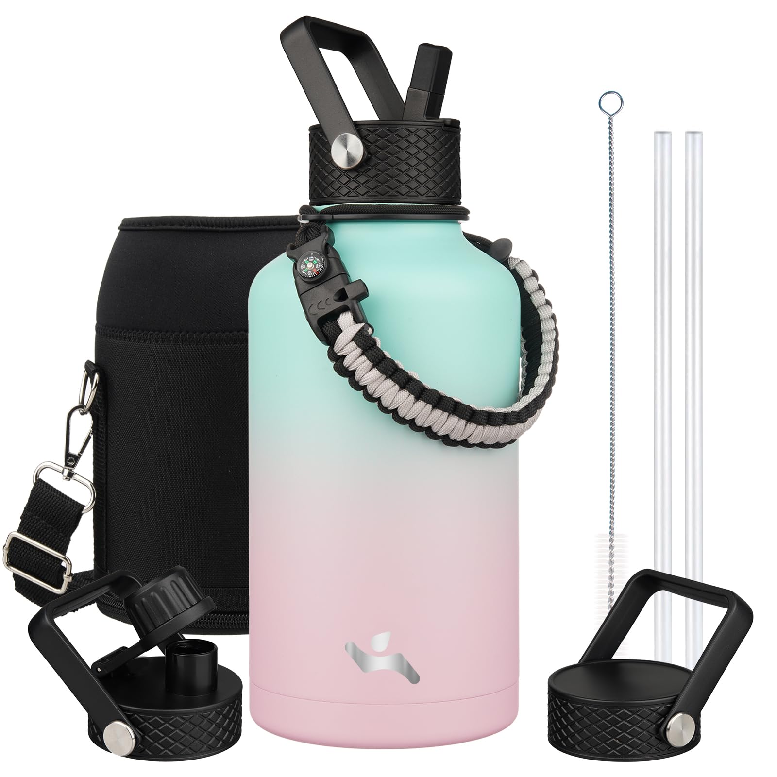 Konokyo Half Gallon Insulated Water Bottle with Straw,64 oz 3 Lids Water Jug with Carrying Bag,Paracord Handle,Double Wall Vacuum Stainless Steel Metal Flask,Gum